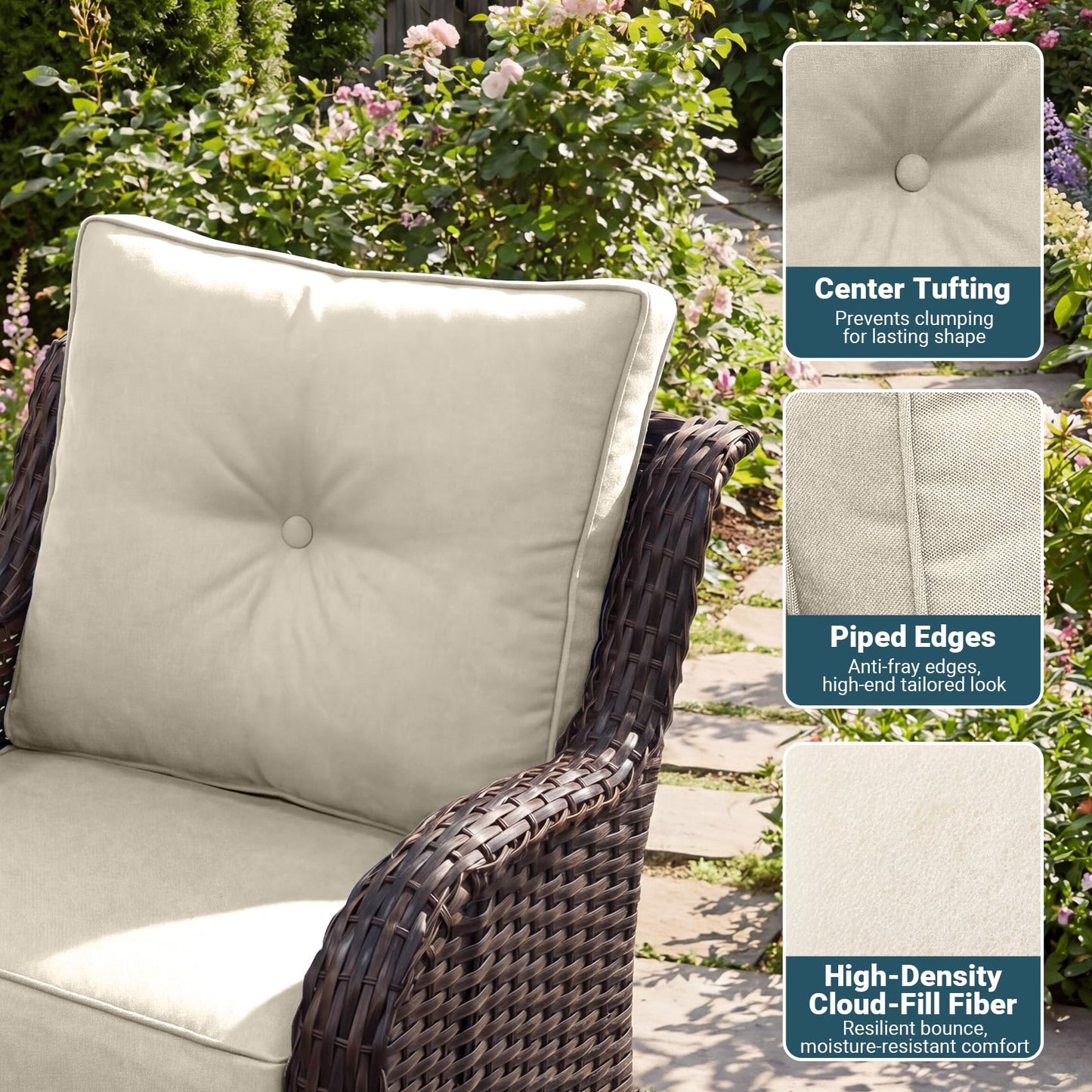 ADRERIC Luxury Patio Conversation Set, 3-Piece Ergonomic High Back Wicker Swivel Chair Set with 6-Inch Deep Seating Cushions, Large Patio Furniture Set for Garden, Deck & Balcony, Beige