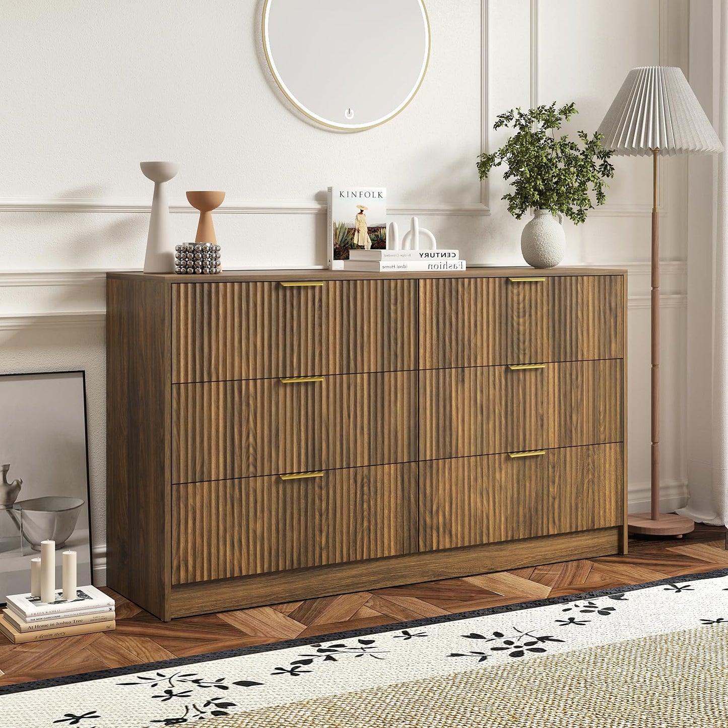 Sscaktu 3-Piece Modern Bedroom Furniture Set, Wide 6-Drawer Dresser & 2-Drawer Nightstands Set of 2, Natural Wood Dresser and Nightstand Sets for Bedroom, Hallway, Walnut