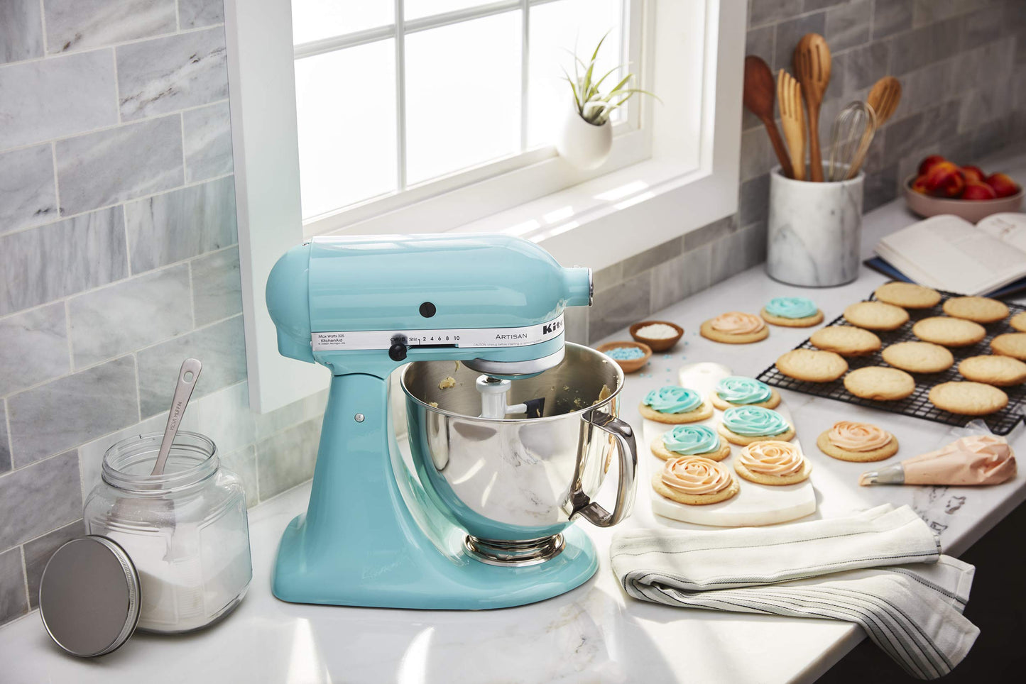 KitchenAid Value Bundle Artisan Series 5 Quart Tilt-Head Stand Mixer with Included Flex Edge Beater, KSM150FEAQ, Aqua Sky