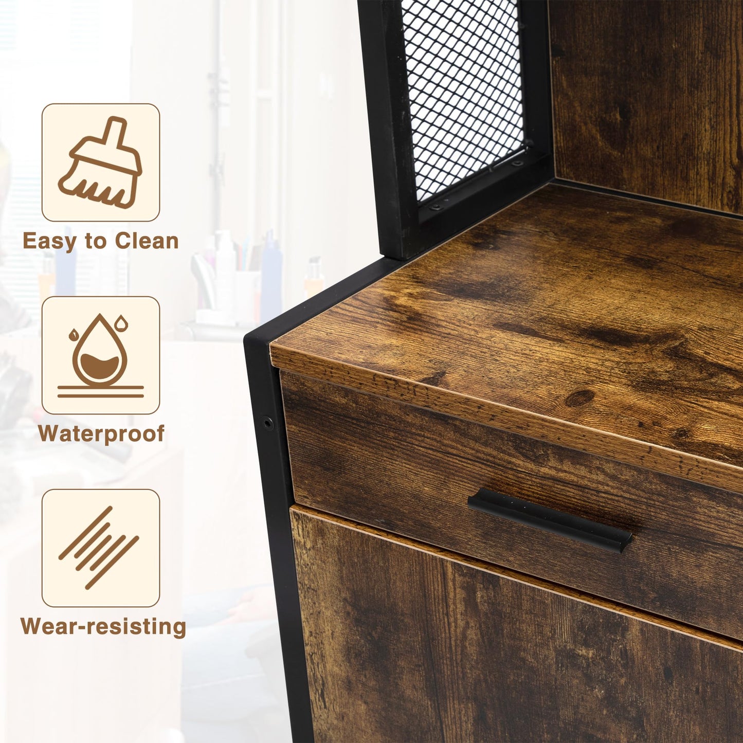 RESHABLE Industrial Wall Mount Salon Barber Station, Hair Styling Station with 3 Drawers, Storage Cabinet, Shelves, Hair Dryer Holes, Beauty Spa Equipment, Rustic Brown