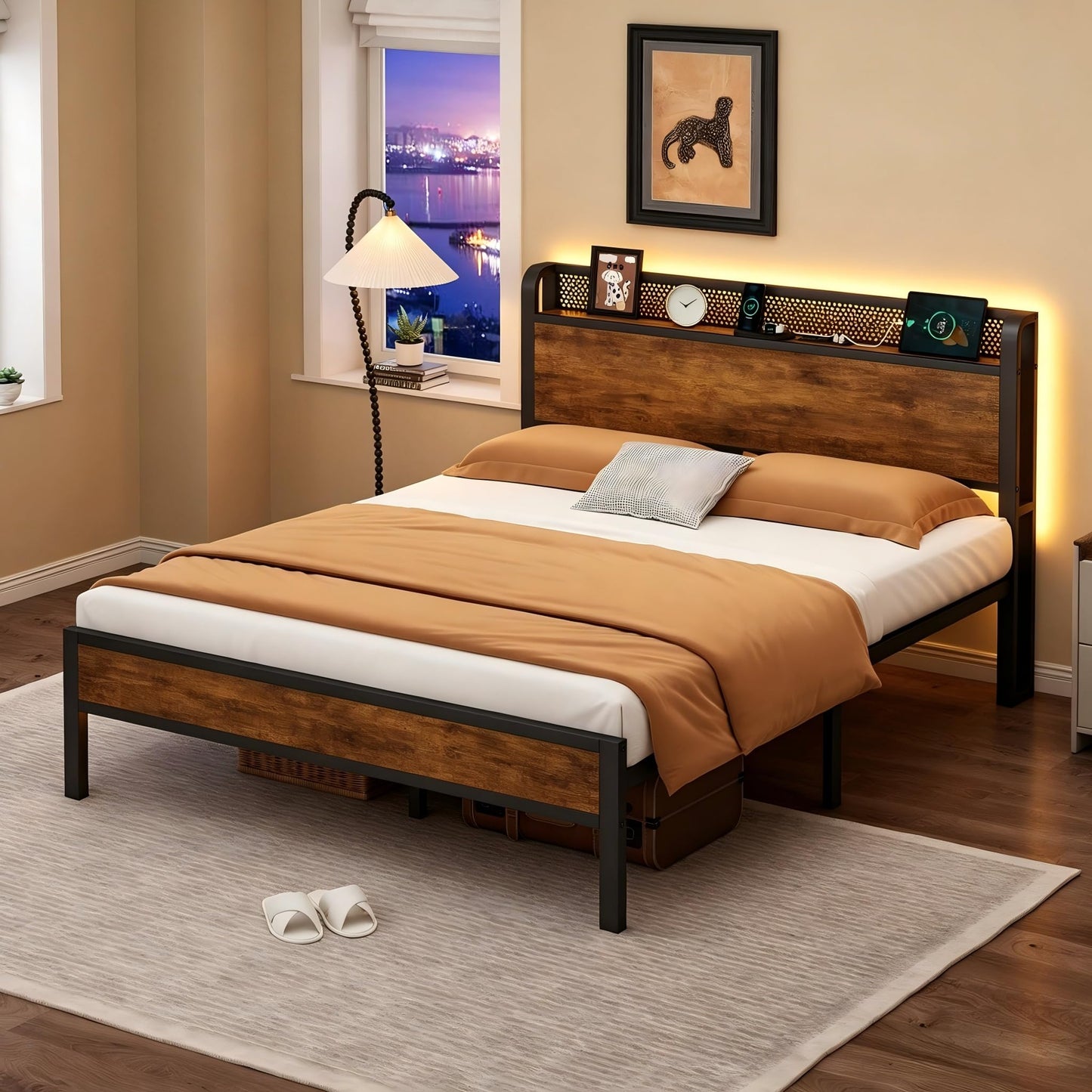 Nedenyou King Bed Frame with Charging Station and LED Lights,Heavy Duty Platform Beds King Size with Storage Headboard,USB Port,Rustic Wood and Strong Metal Support,No Box Spring Needed, Noise Free