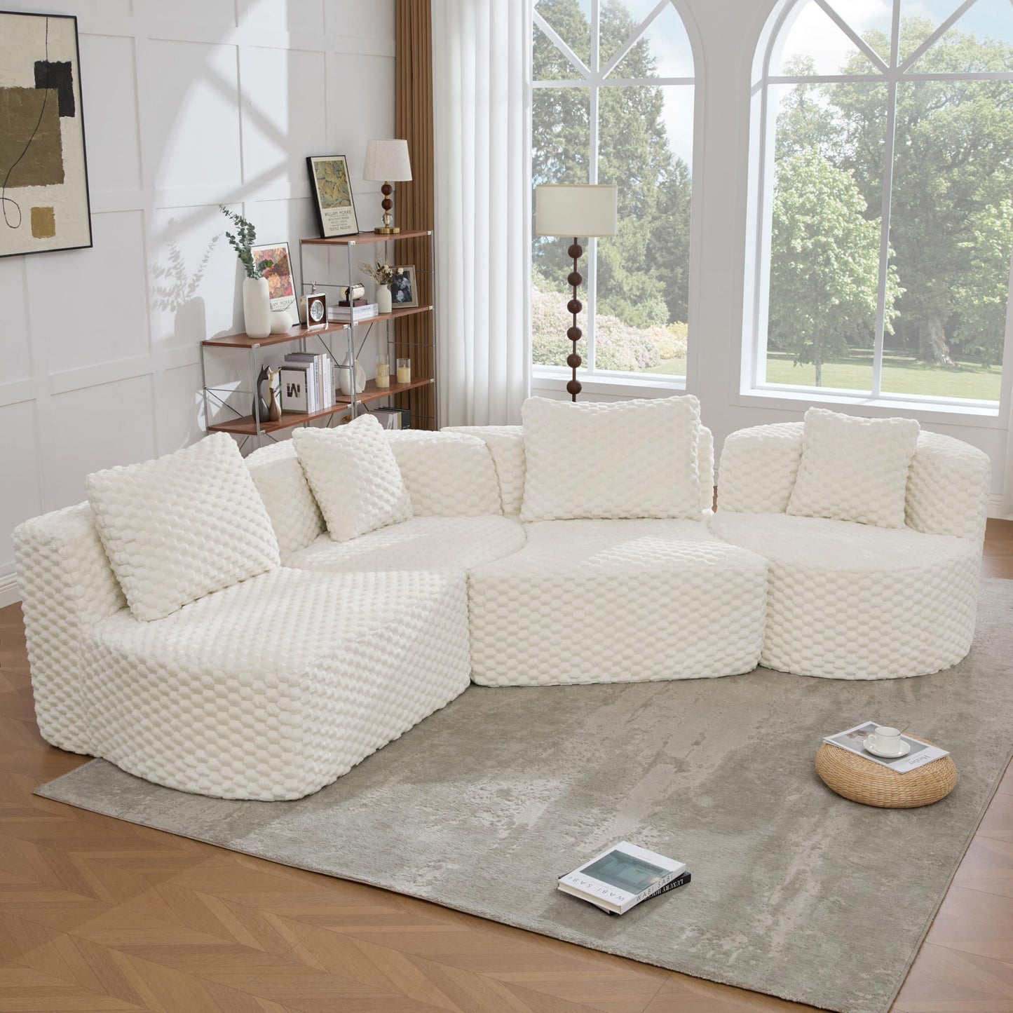 Merax 138" Curved Modular Sectional Sofa Set, Compressed 4 Seat Bubble-Velvet Boneless Sectional Couch Sofa with Deep Seat & Pillow, Comfy Cloud Soft Couches for Living Room, Easy Assembly, White