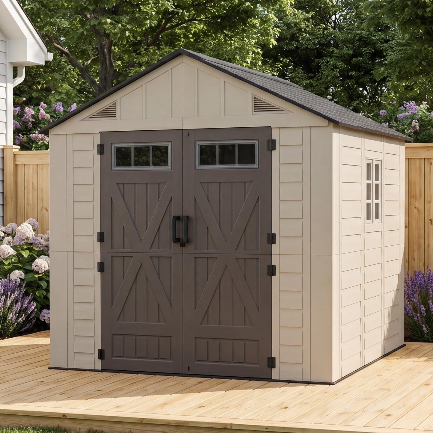 LazySunsets 8x8 Ft Outdoor Storage Shed, Large Resin Outdoor Shed with Floor Included, 2 Windows & Lockable Door, Garden Plastic Storage Sheds for Bike, Lawn Tools, Garbage Can