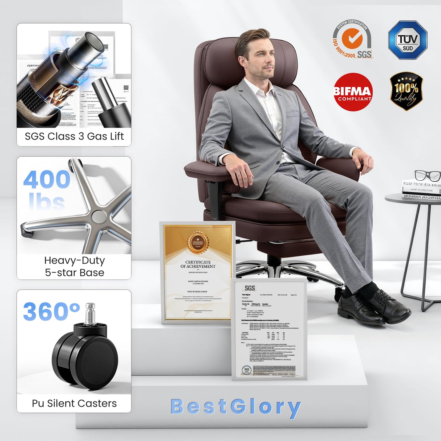 BestGlory Office Desk Chair with Inflatable Lumbar Support, Ergonomic Office Chair [Upgraded Double-Layer Cushion & Footrest], 400 LBS Big and Tall Computer Desk Chair for Home Office Gaming, Coffee