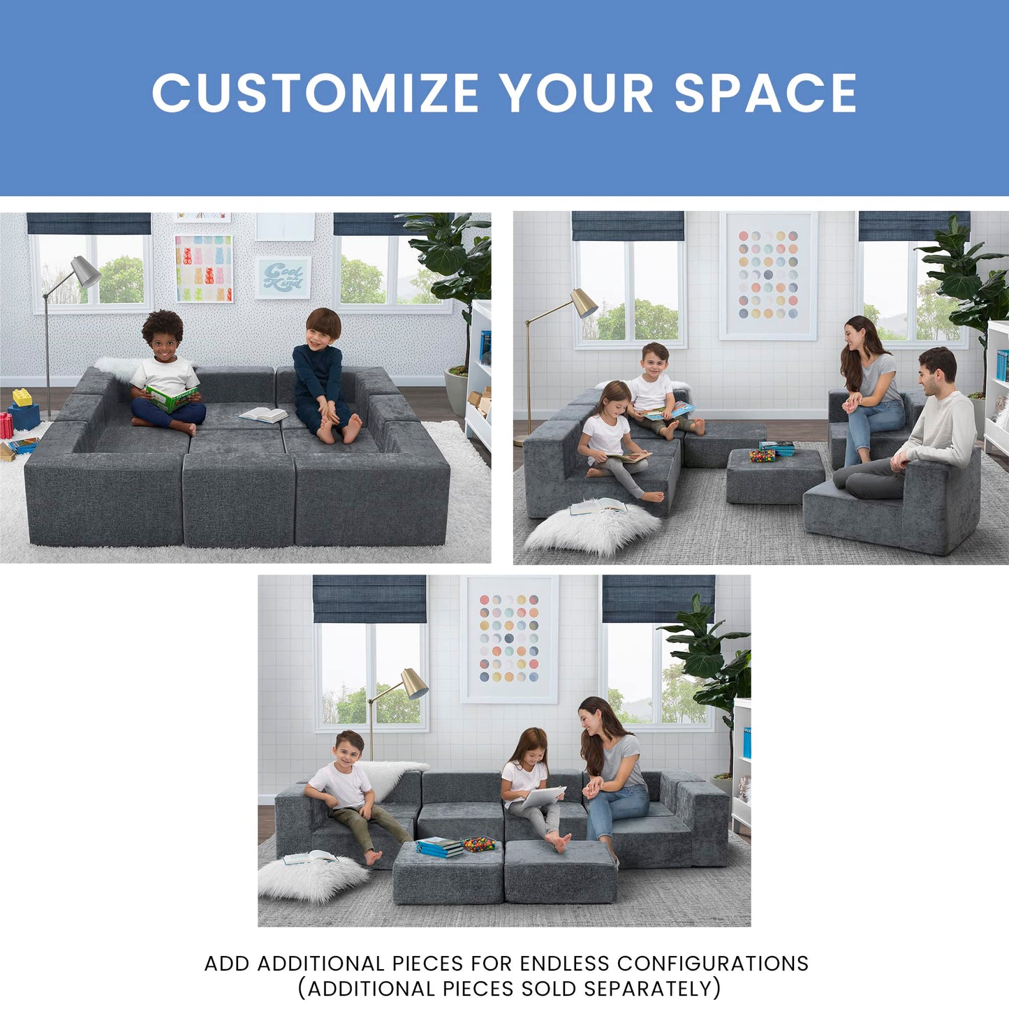 Delta Children Cozee 4-Piece Sectional Sofa Set, 20"D x 20"W x 15.5"H, Grey