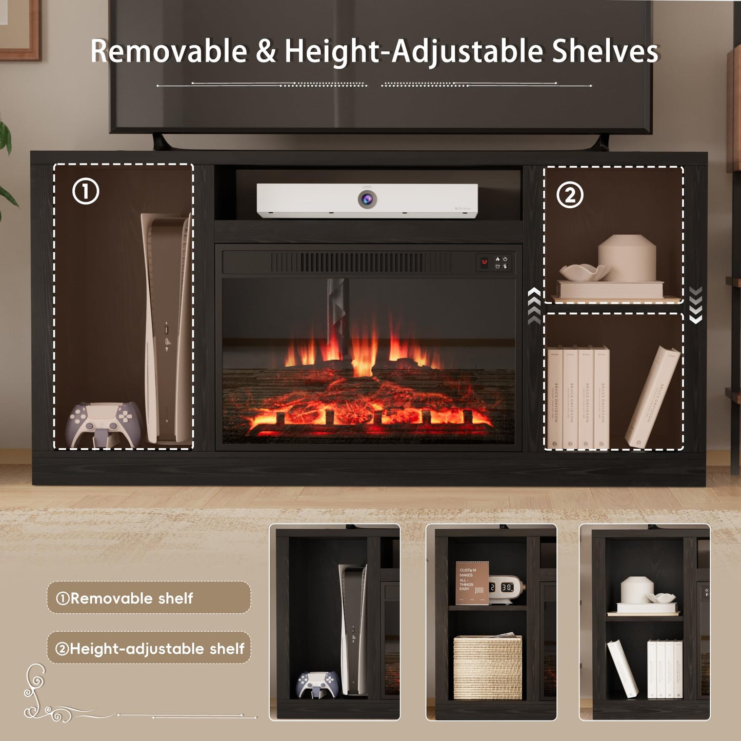 YESHOMY Electric Fireplace TV Stand for Televisions up to 65+ Inch, Media Entertainment Center Console Table with Four Open Storage Shelves & Cabinets, 58 Inch, Black