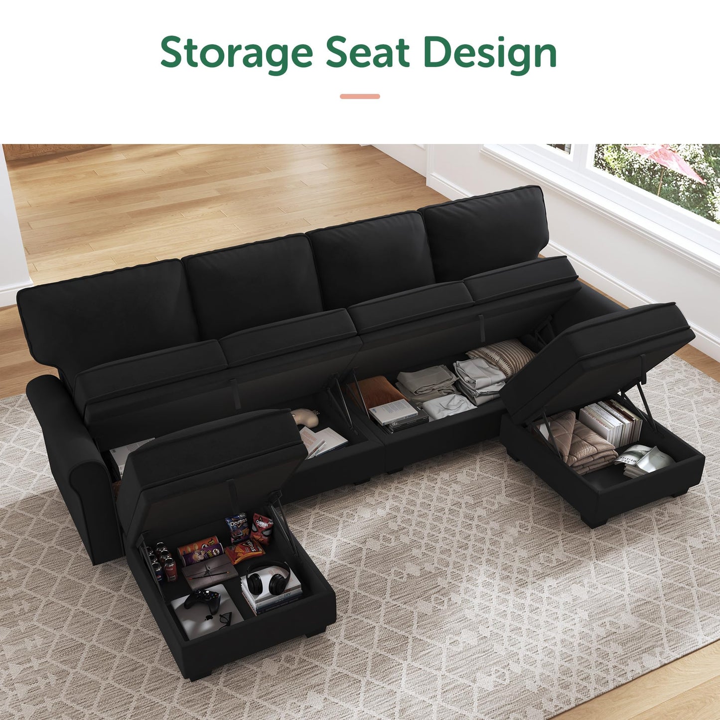 HONBAY Sectional Sofa with Storage Seat Velvet U Shaped Couch with Reversible Chaise Convertible Sectional Couches for Living Room,Black Velvet