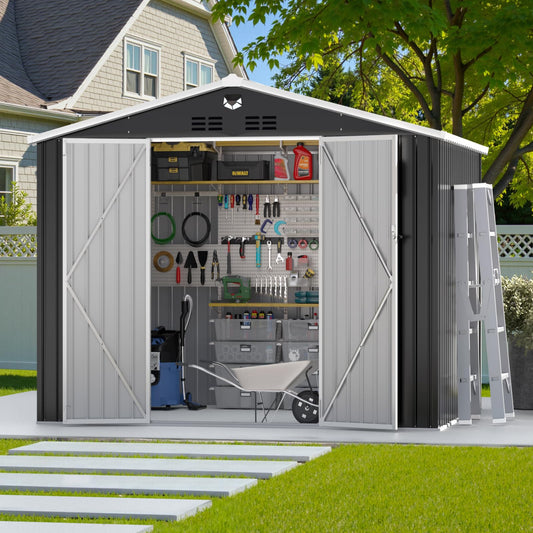 10x8 FT Outdoor Storage Shed, Metal Garden Shed, Storage Tool Sheds with Lockable Doors, Waterproof Outside Storage Building for Backyard, Patio (Black; Floor Not Included)