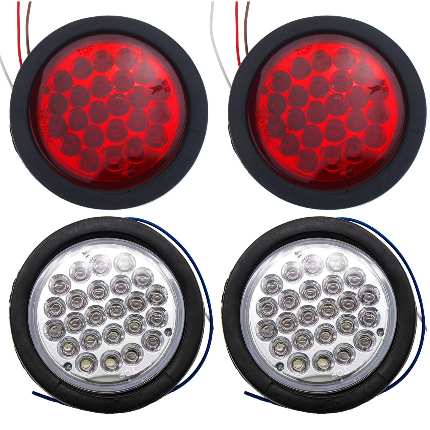 All Star Truck Parts 4in Round LED Trailer Tail Light, IP67 Waterproof, 24 LEDs, 2 Red + 2 White, Model ASTPL012R4C2