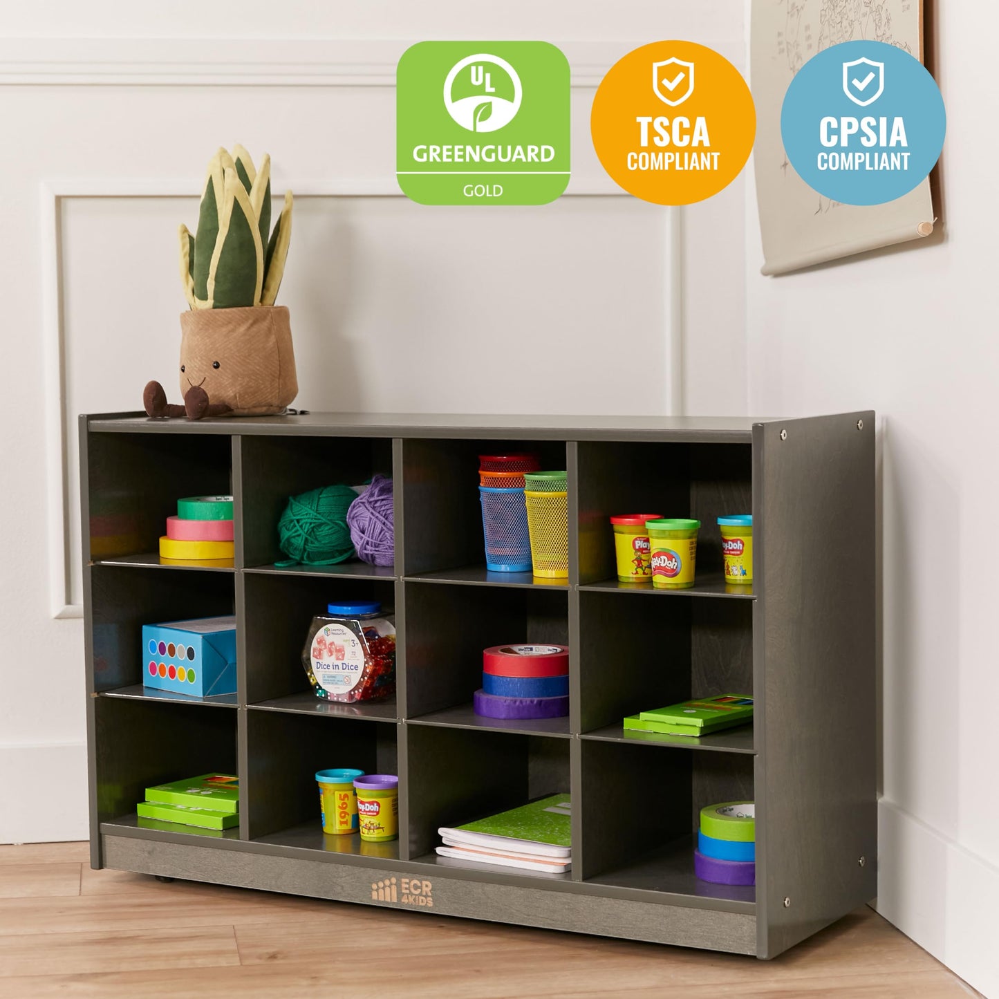 ECR4Kids 12 Cubby Mobile Tray Storage Cabinet, 3x4, Classroom Furniture, Grey Wash