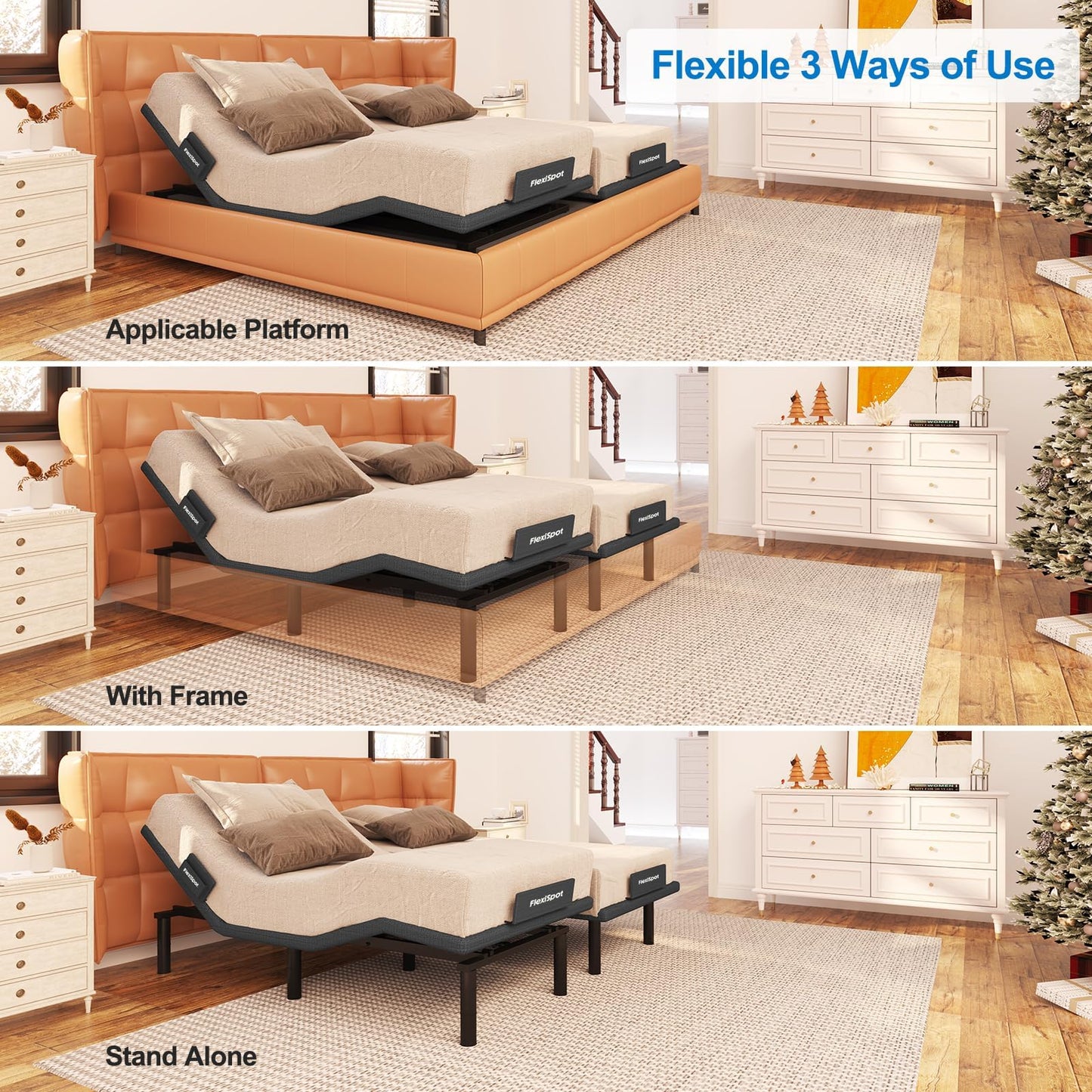 FLEXISPOT S6 Adjustable Bed Frame Base Split King, Quick Assembly, Massage, Zero Clearance, Whisper Quiet Durable Motor, Zero Gravity, Mattress Holder, Anti-Snore, Wireless.