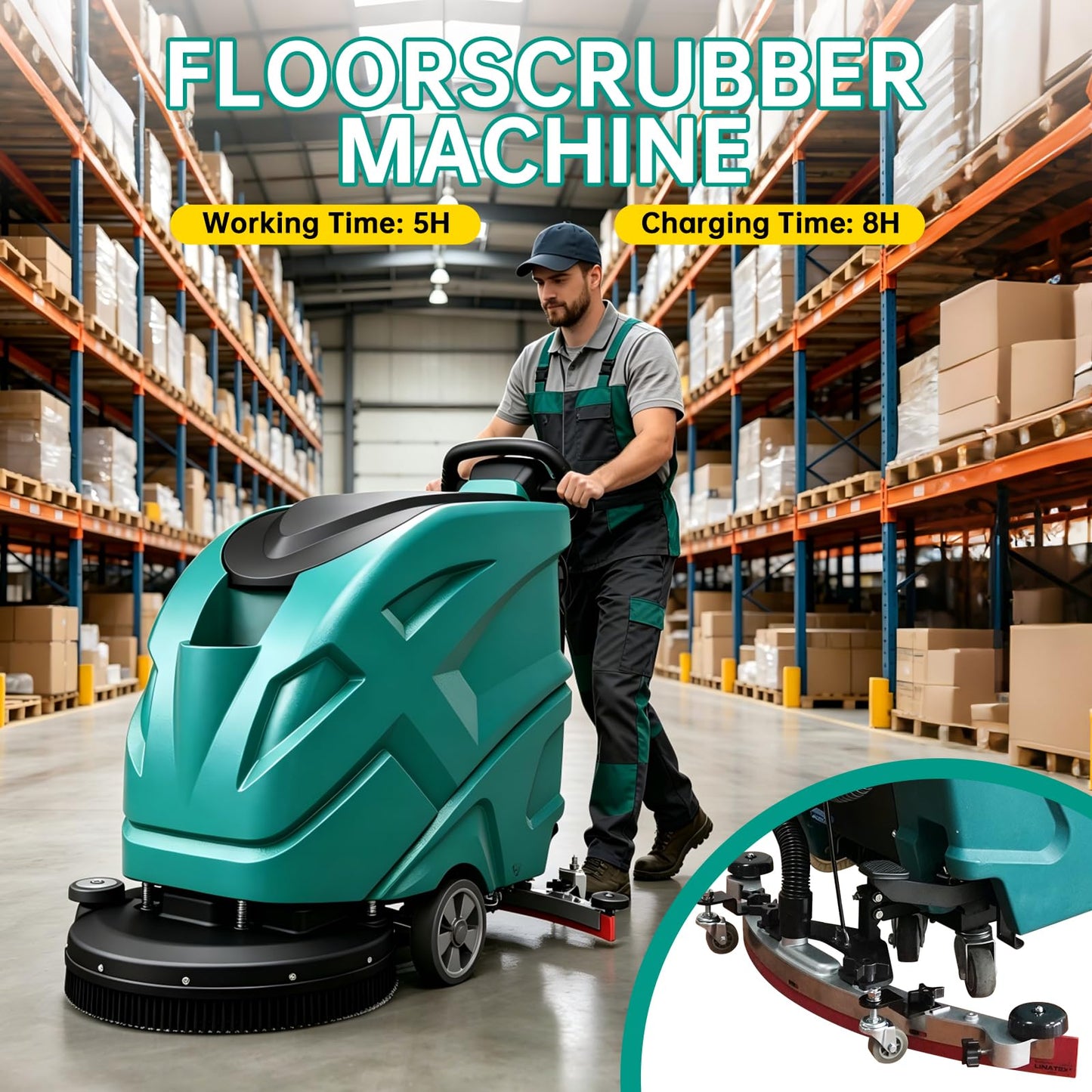 Commercial Floor scrubber machine, 21" Cleaning Width, 32.6" Suction Width, 15.9 Gallon Solution Tank, 15.9 Gallon Recovery Tank, 32000 Sqft/h, 5.5 Hours Runtime