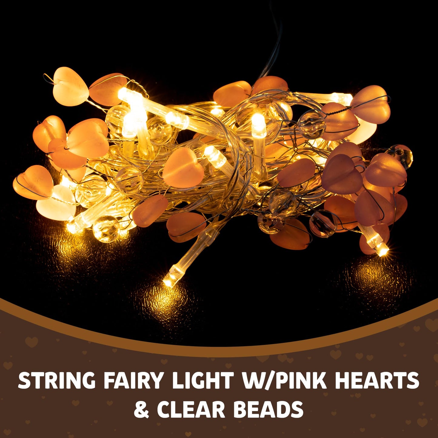 West Ivory LED String Fairy Light 20 LEDs, Pink Hearts & Clear Beads, Battery Powered, Warm White, 5 Feet