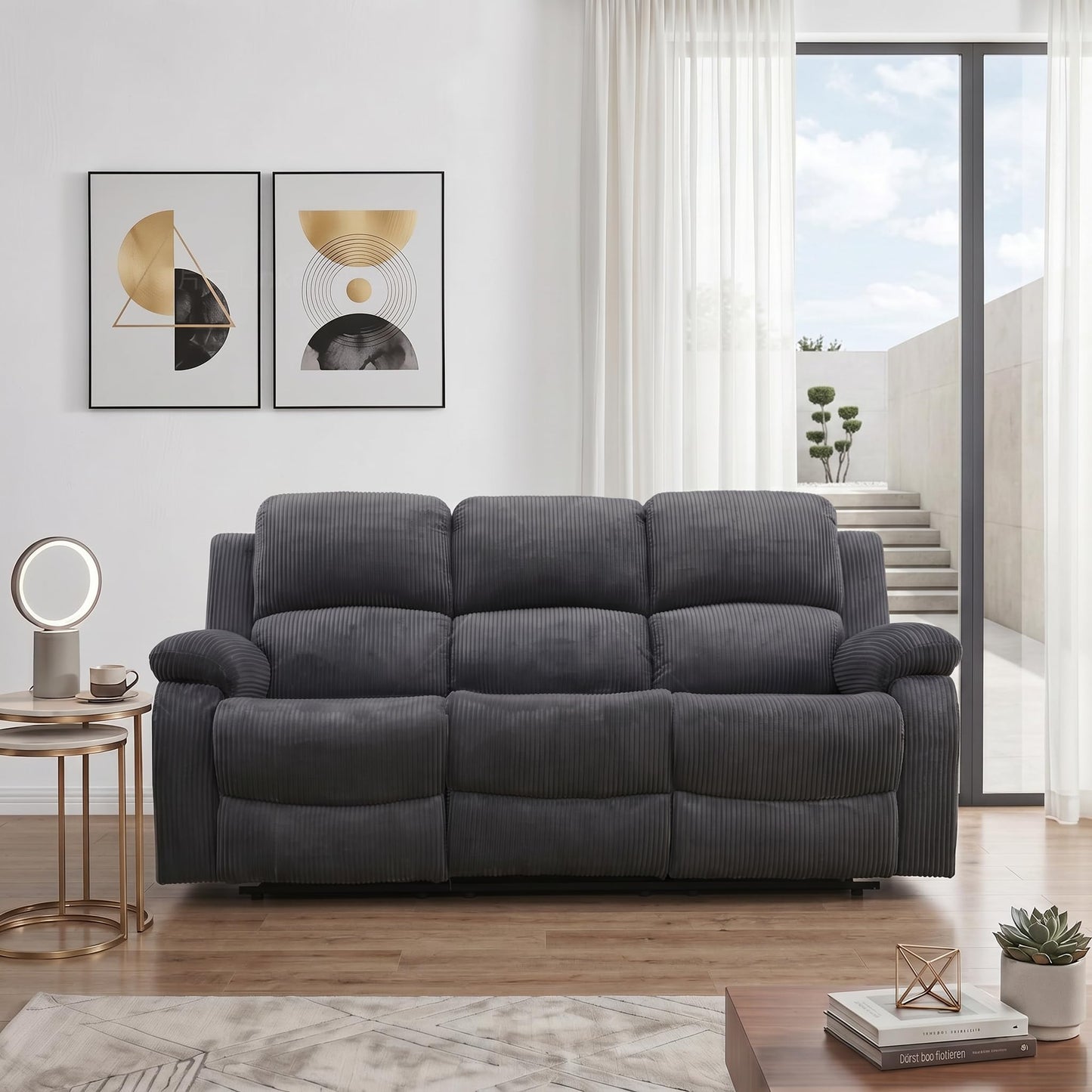 Trygoal Corduroy Power Recliner Sofa Set, Corduroy Recliner Couch Sets with Multi Angle Reclining, 3 Piece Sectional Sofa with USB Charging Port for Home Theater, Living Room, Office, Dark Gray