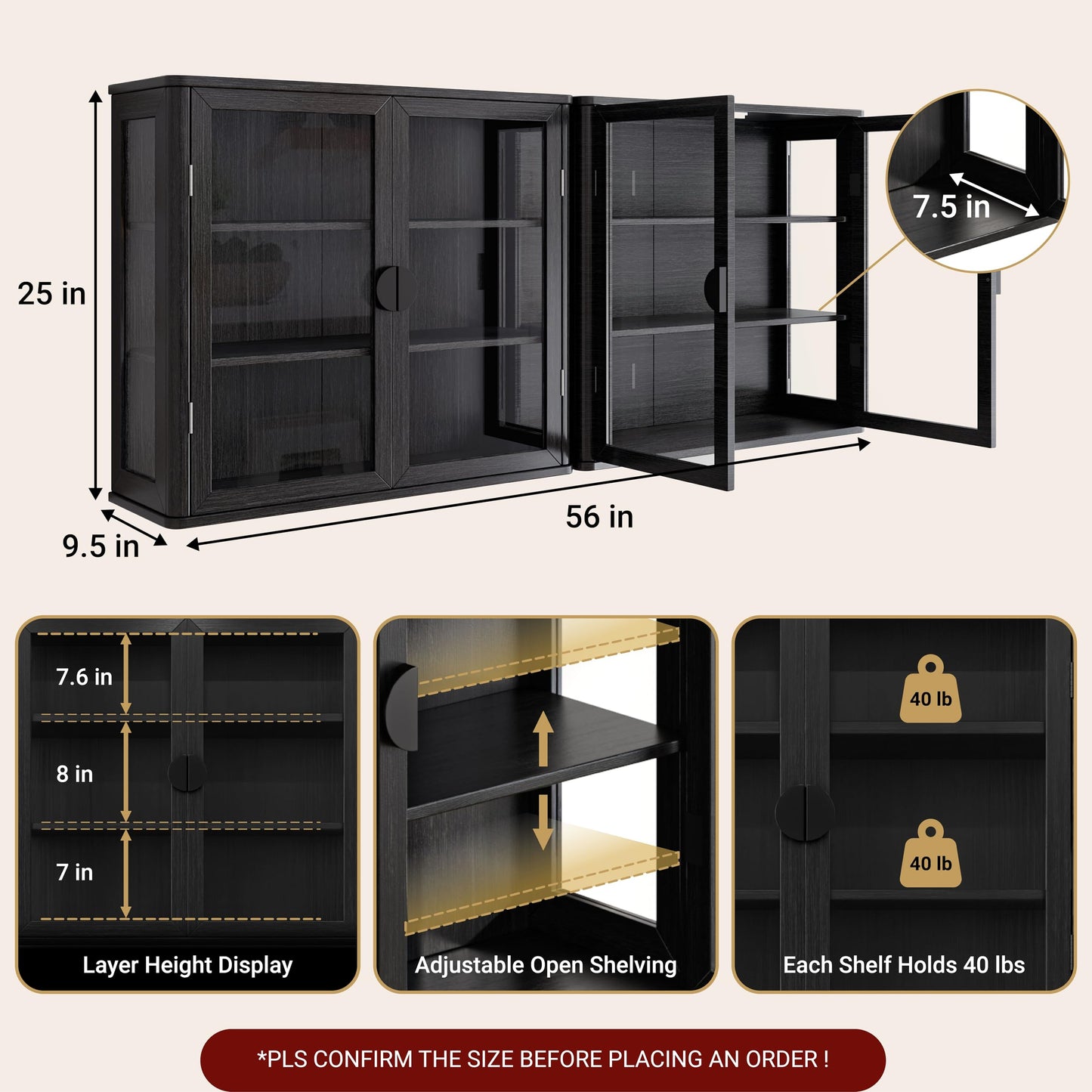 FIMELLO 56’’W Wall Cabinet with Tempered Glass Doors, Bathroom Cabinet Wall Mount, Kitchen Wall Cabinet, Floating Cabinet for Bathroom, Wall Mount Salon Station for Barber, Beauty, Black