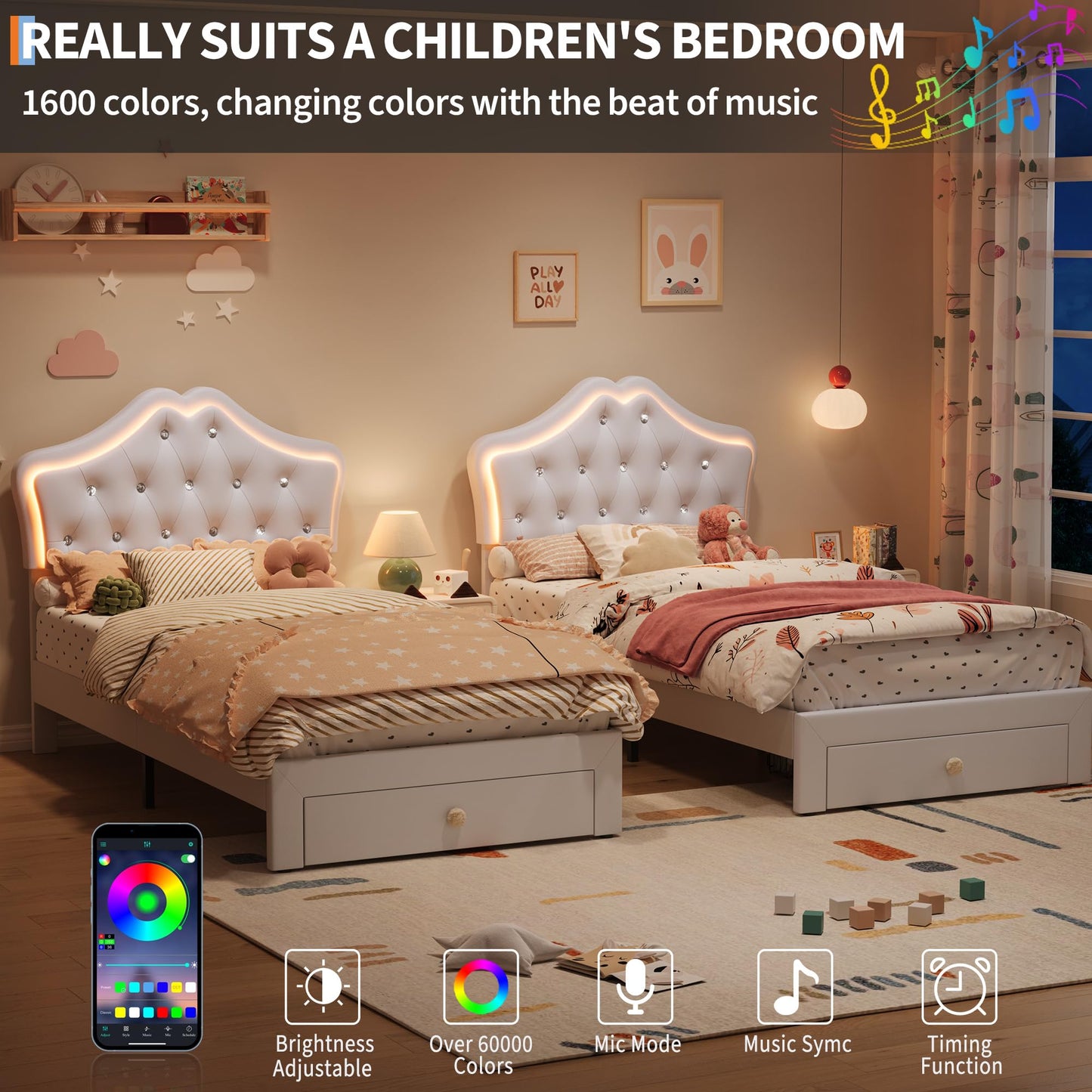BouPower Twin Size Bed Frame for Girls with Storage Drawers & LED Lights, Upholstered Platform Bed, Velvet Crystal Button Princess Bed, Noise-Free Slats, No Box Spring Needed for Kids, Teens, White