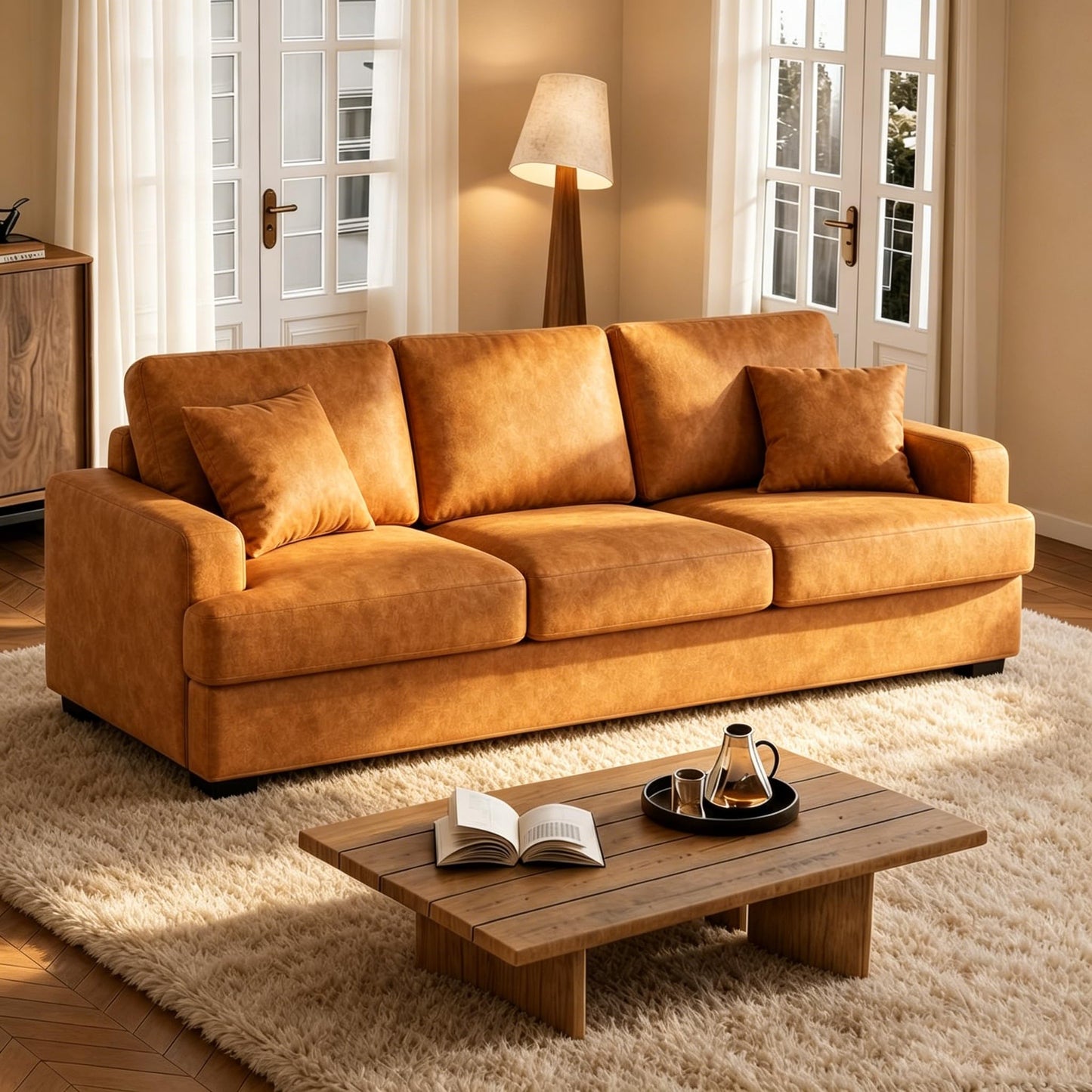 Garvee 86" Faux Leather Sofa, Modern Deep Seat Couch with 2 Throw Pillows, Upholstered Cushion & Removable Cover, Comfy Leather Couch for Small Space, Apartment, Living Room Lounge, Brown