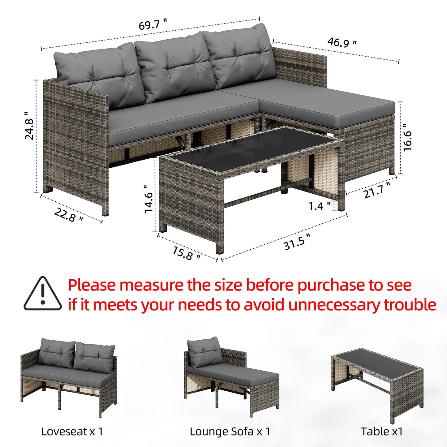 Shintenchi 3 Pieces Outdoor Patio Furniture Sets, Wicker Patio Conversation Sets, All Weather Wicker Rattan Patio Seating Sofas with Glass Coffee Table and Cushion, Gray