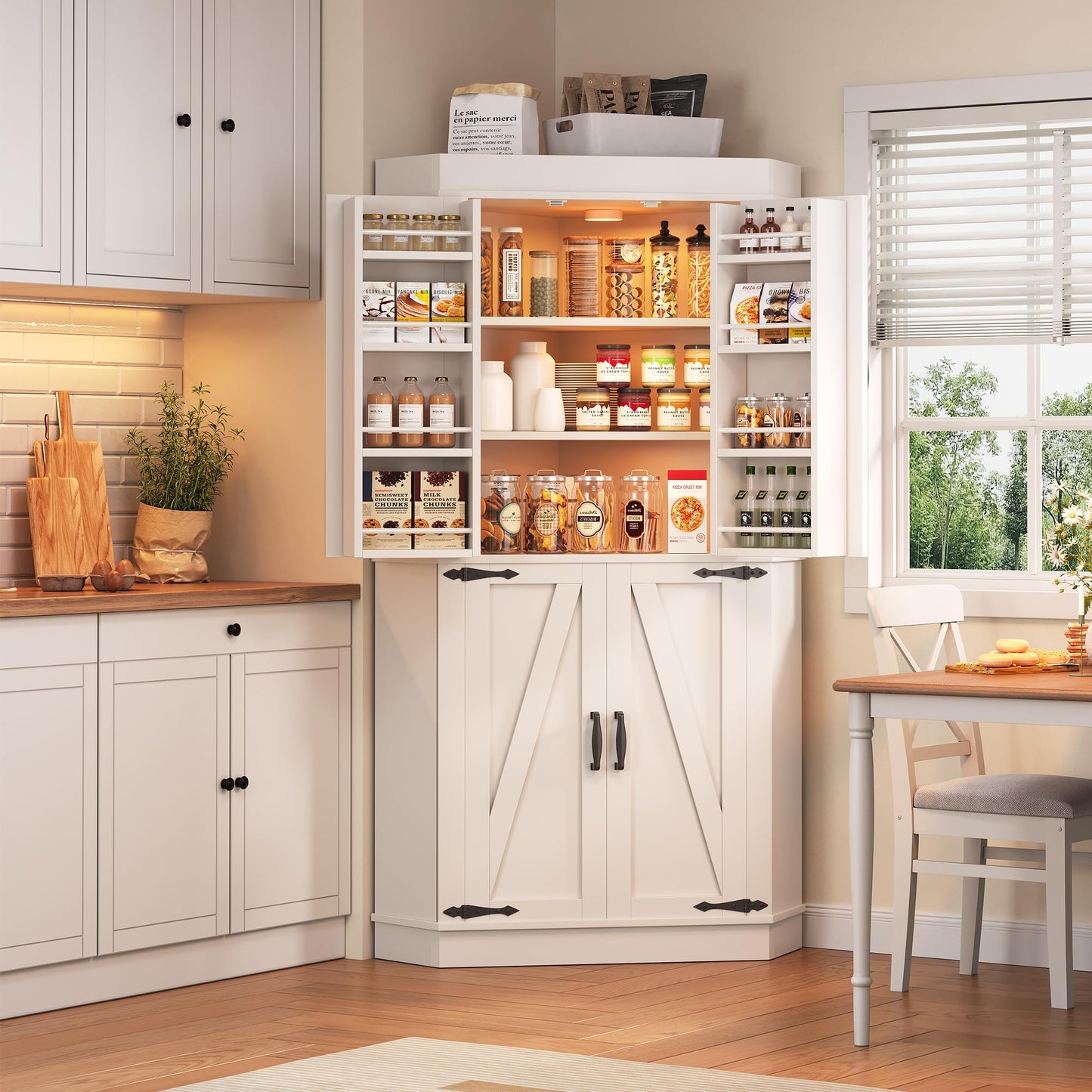 Corner Cabinet,71'' Kitchen Pantry Storage Cabinet with 4 Doors and Shelves, Tall Food Pantry Storage Cabinet Farmhouse Furniture for Kitchen Dining Room, White