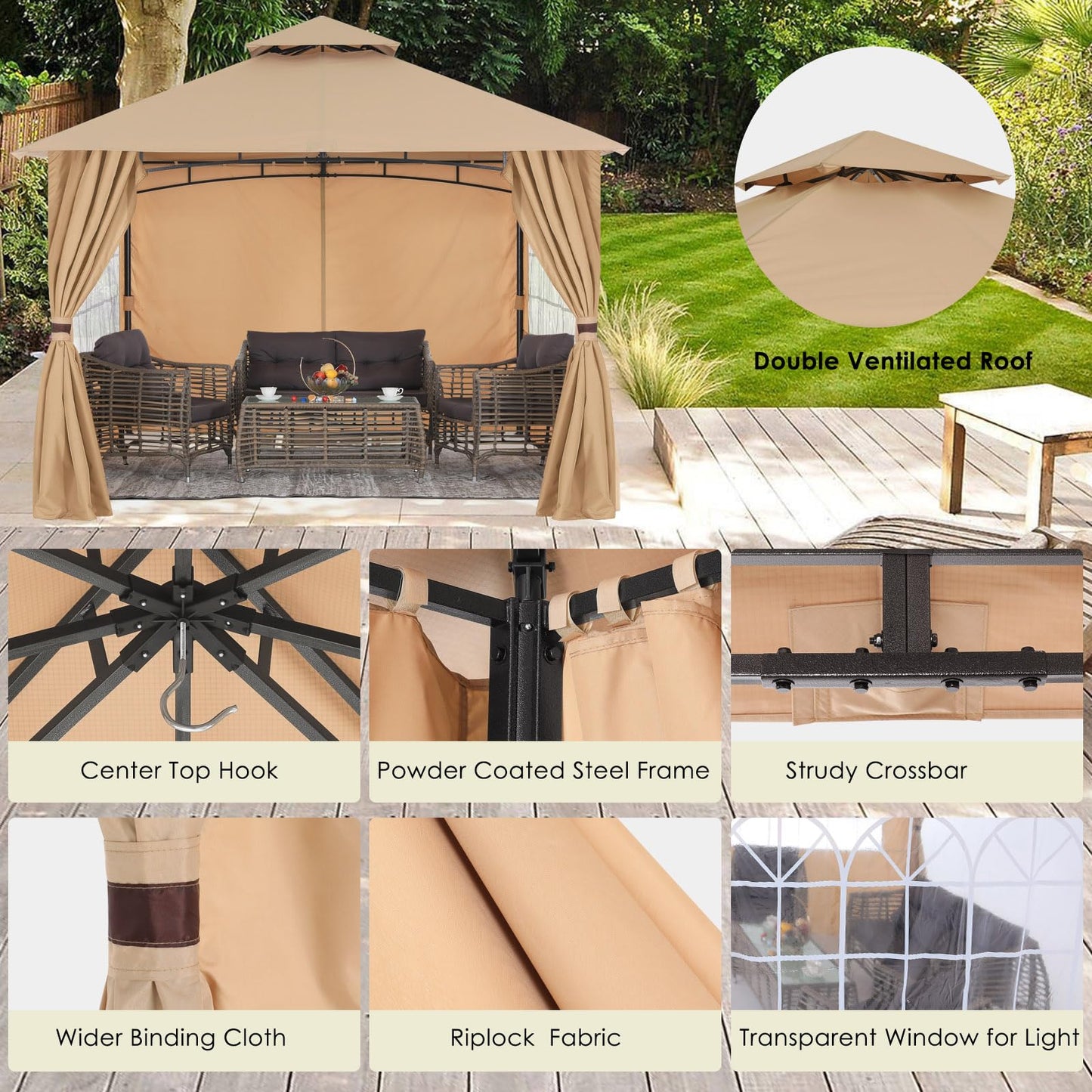 MASTERCANOPY Patio Gazebo Steel Frame Outdoor Gazebo with Windows Curtains (11x11,Beige)