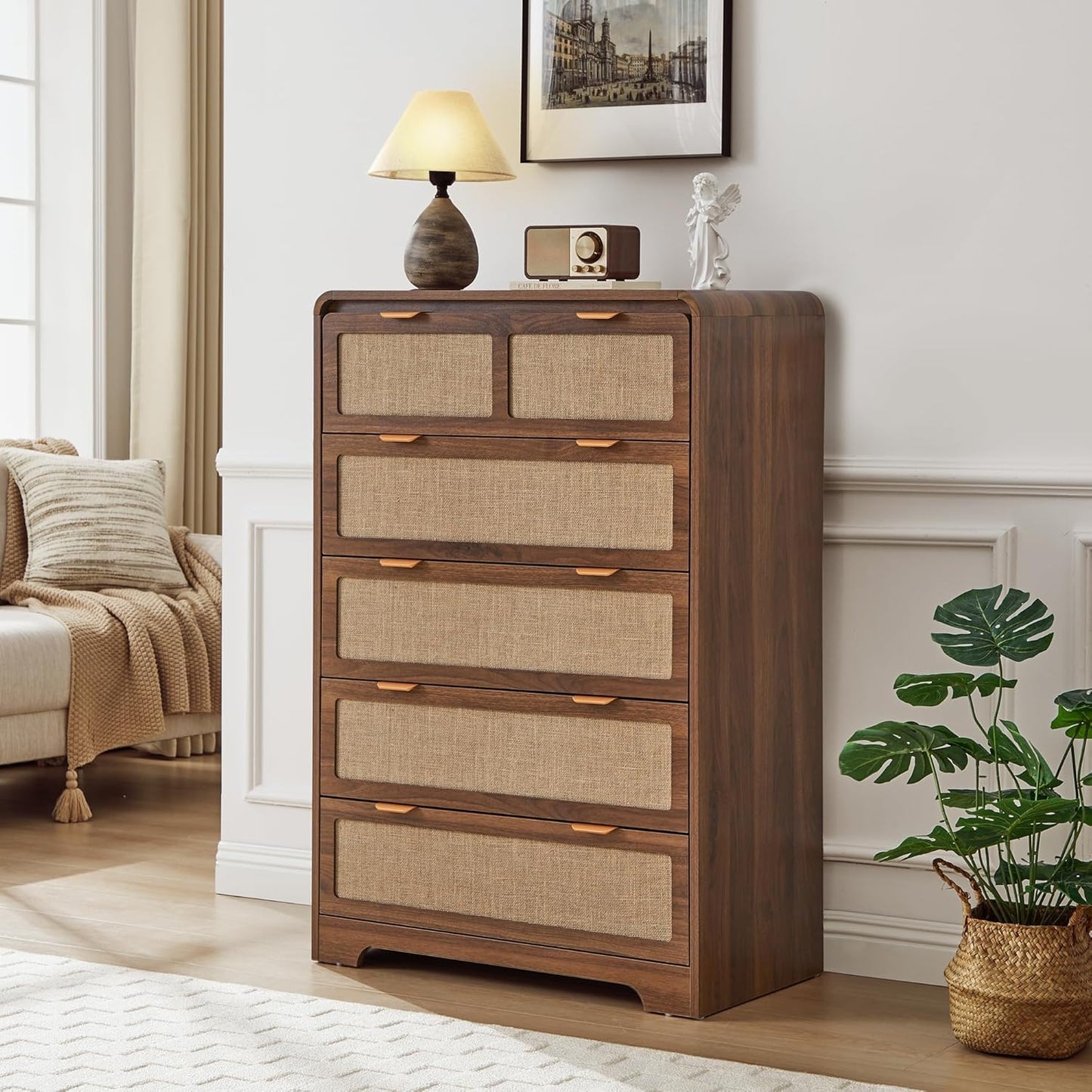 RUSTYER 43" Tall Dresser for Bedroom, 5 Drawer Mid Century Modern Dresser with Natural Linen, Curved Wood Chest of Drawers Closet Clothes Storage Organizer for Living Room, Hallway (Walnut)