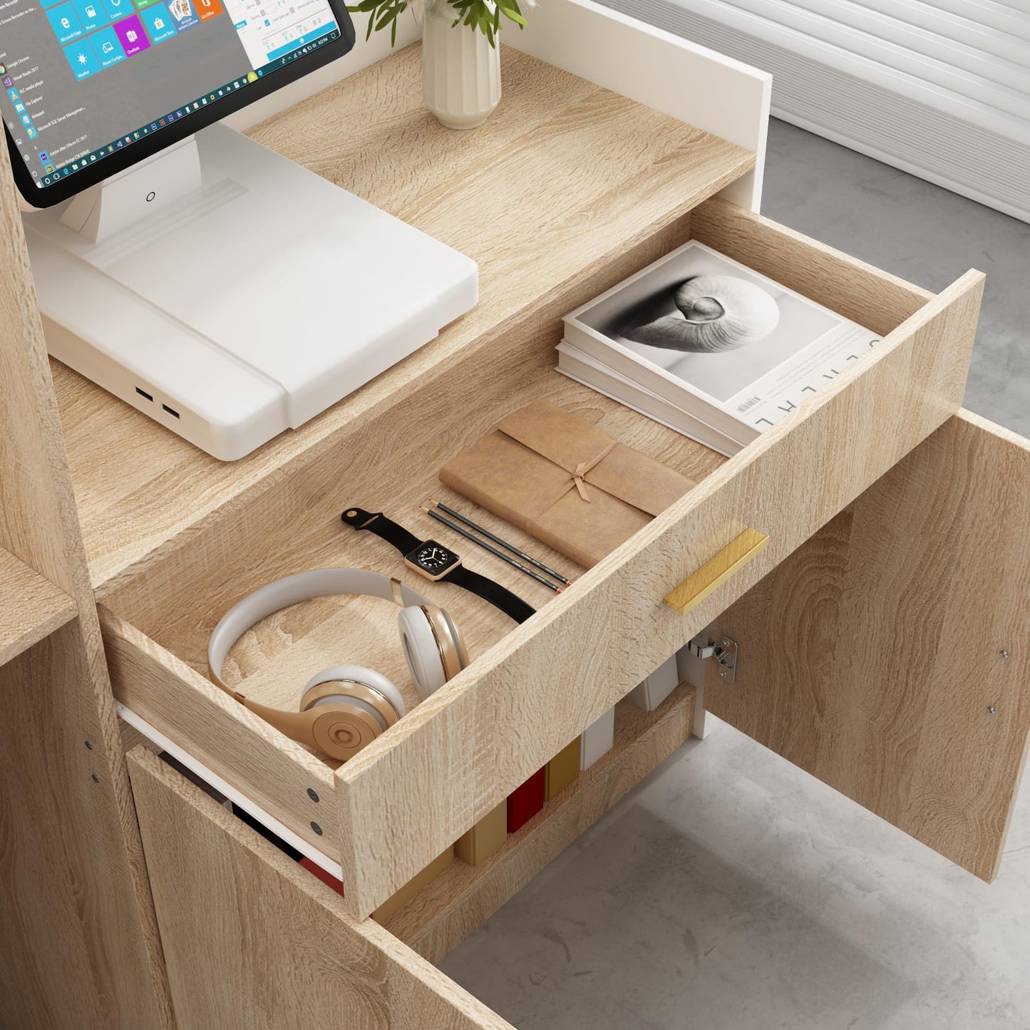 AIEGLE Checkout Counter, Modern Reception Desk with Drawer & 2-Door Storage Cabinet, 87.2" W Office Reception Desk with Open Front Cubby for Salon, Lobby, Shop, White & Oak