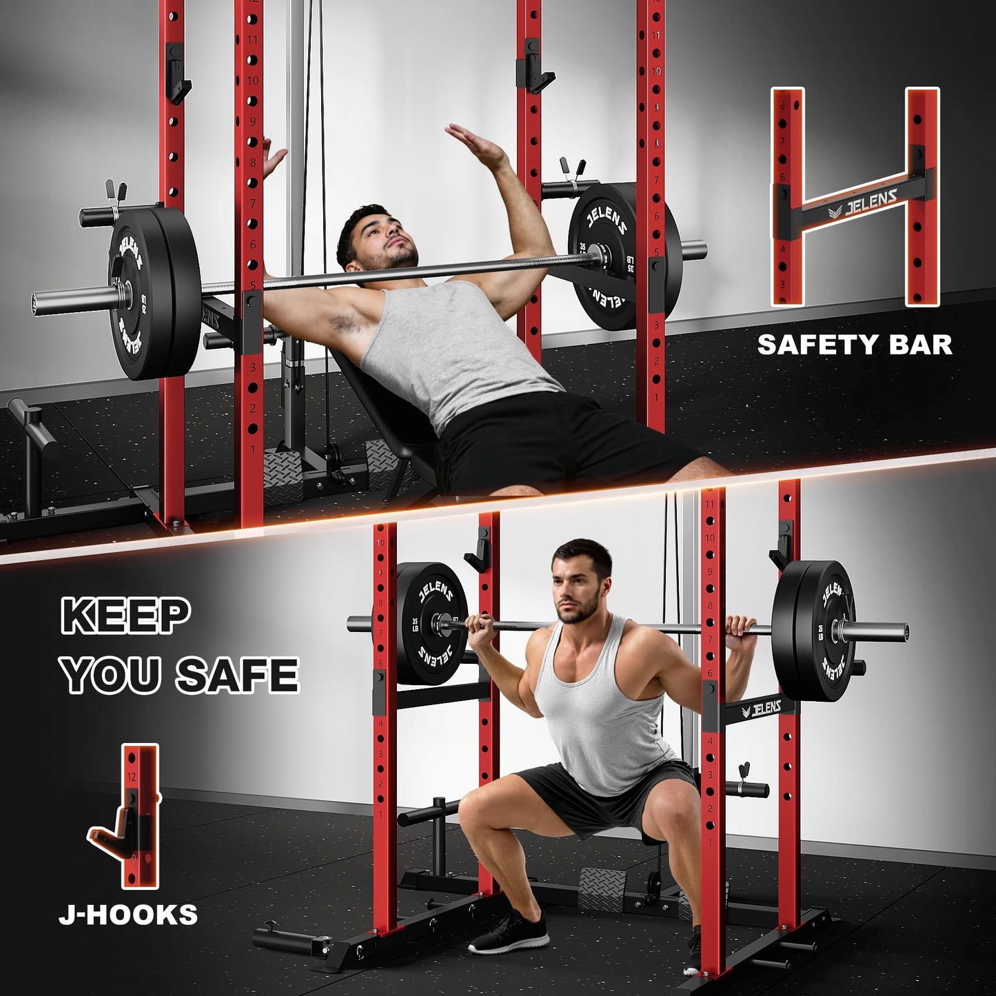 JELENS S21 Power Cage, Multi-Function Power Rack with Adjustable Cable Crossover System, 2000LBS Squat Rack for Home Gym with More Training Attachments (Red, 0823BK-05)