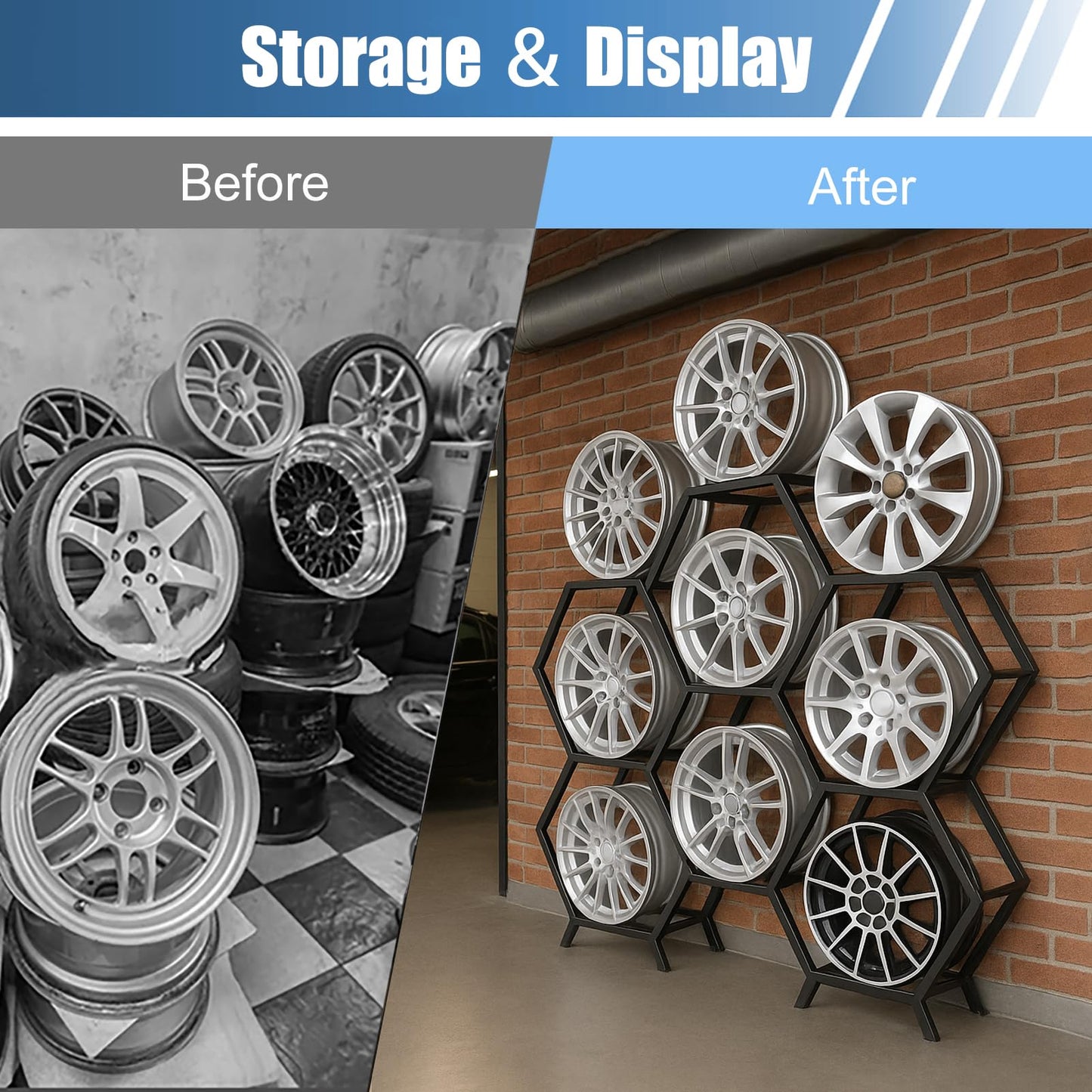 Renvan Heavy Steel Wheel Display Rack, Car Rim Rack Holds 9 Rims, Stackable Car Wheel Stand for Garage, Auto Repair Shop, Tire Store (6 frames + 2 bases)
