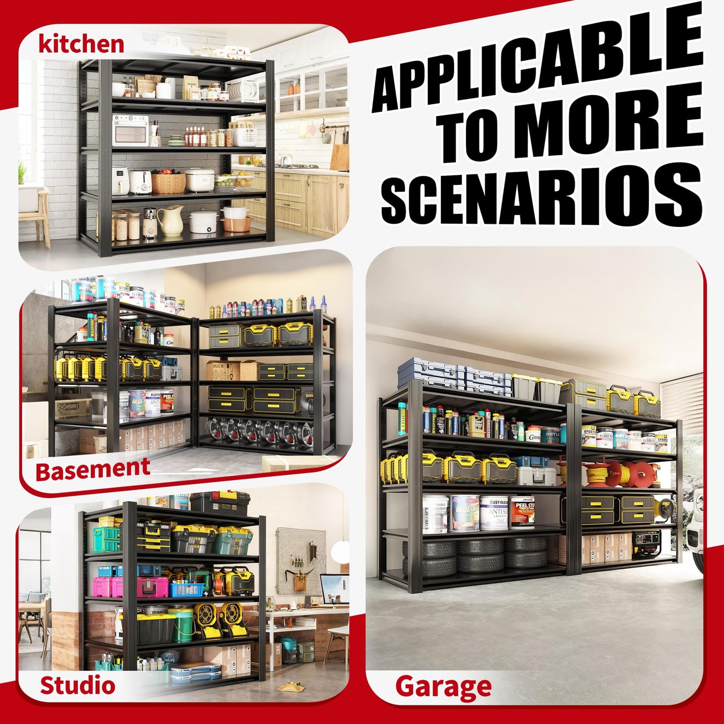 FOSTOKO Storage Shelves, 5-Tier Garage Shelving, Adjustable Heavy Duty Shelving Units, Metal Industrial Utility Organizer Storage Racks for Basement, Kitchen, Warehouse, Pantry, 24" D×48" W×72" H
