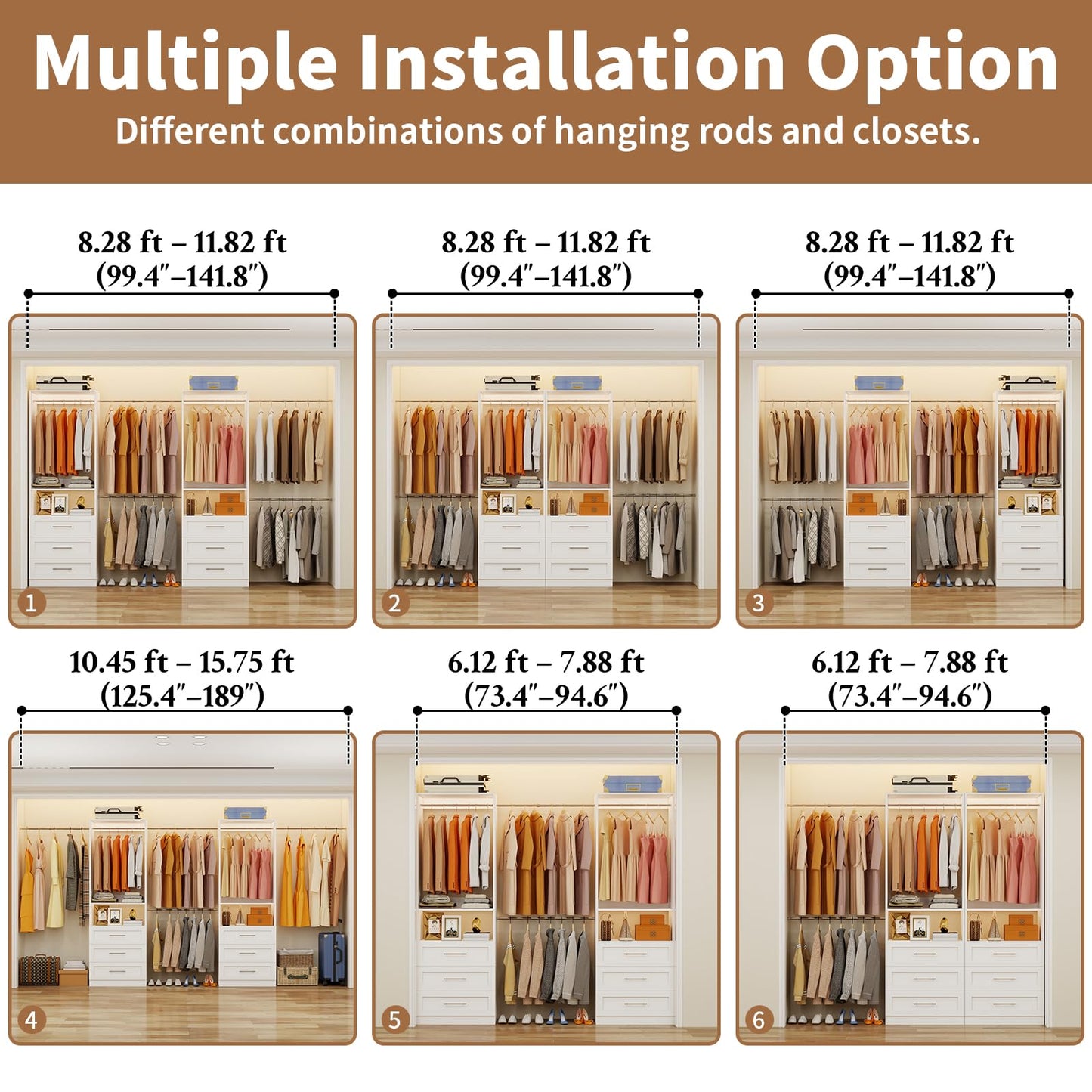 Closet System with 6 Drawers, 4FT-15FT 2-Piece Closet System, Walk in Closet Organizer System, Modular Closet System with 10 Adjustable Hanging Rods & Shelves, Closet Storage System for Bedroom, White