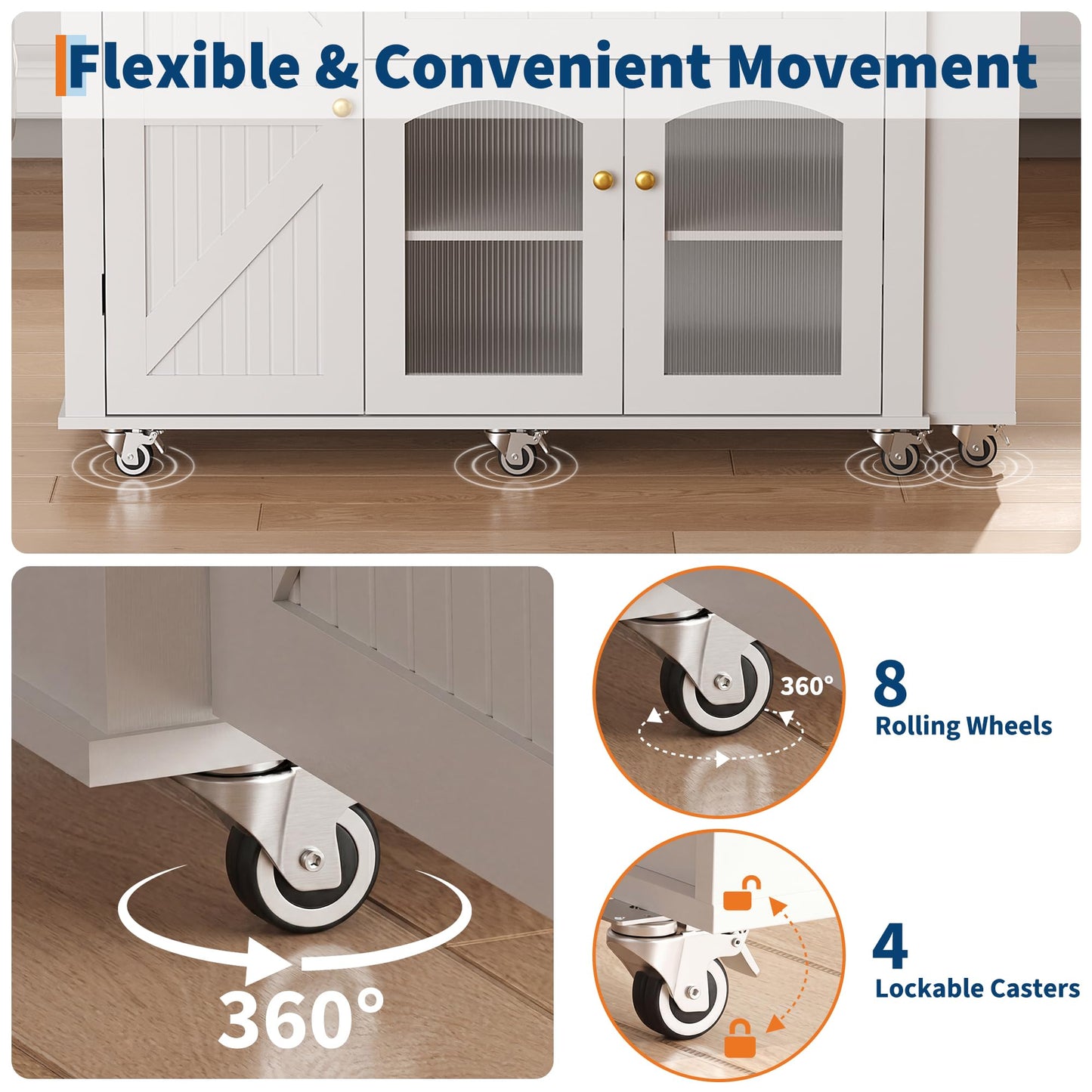 78.3” Rolling Kitchen Island with Extendable Table, Storage Cabinet, Drawers & Shelves, White Modern Mobile Island Cart on Wheels, Farmhouse Wood Island Table for Kitchen, Dining Room, Home Bar