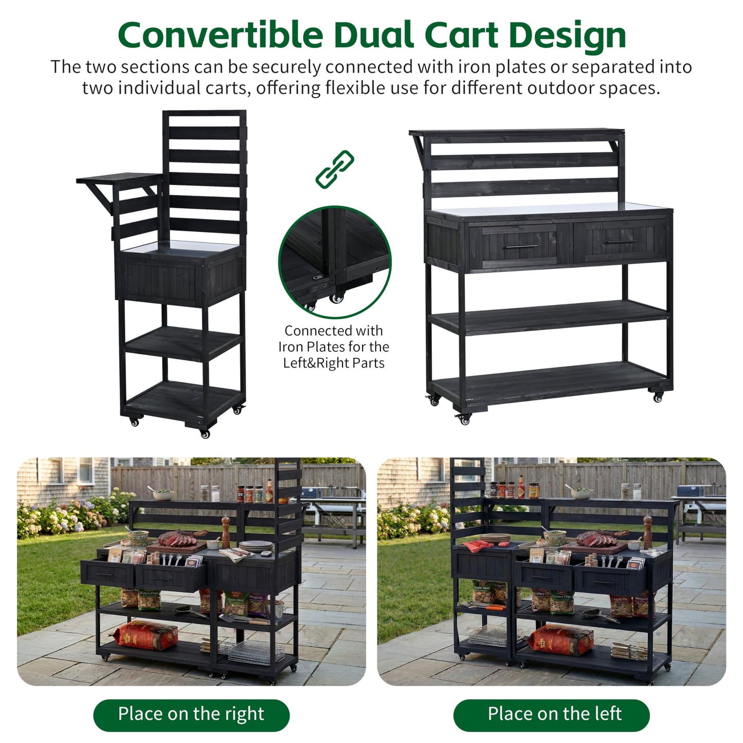 Merax 62.3'' Outdoor Mobile Kitchen Island on Wheels with Stainless Table Top, Outdoor Prep Cart Grill Table with Raised Shelf and Drawers for BBQ, Party, Black