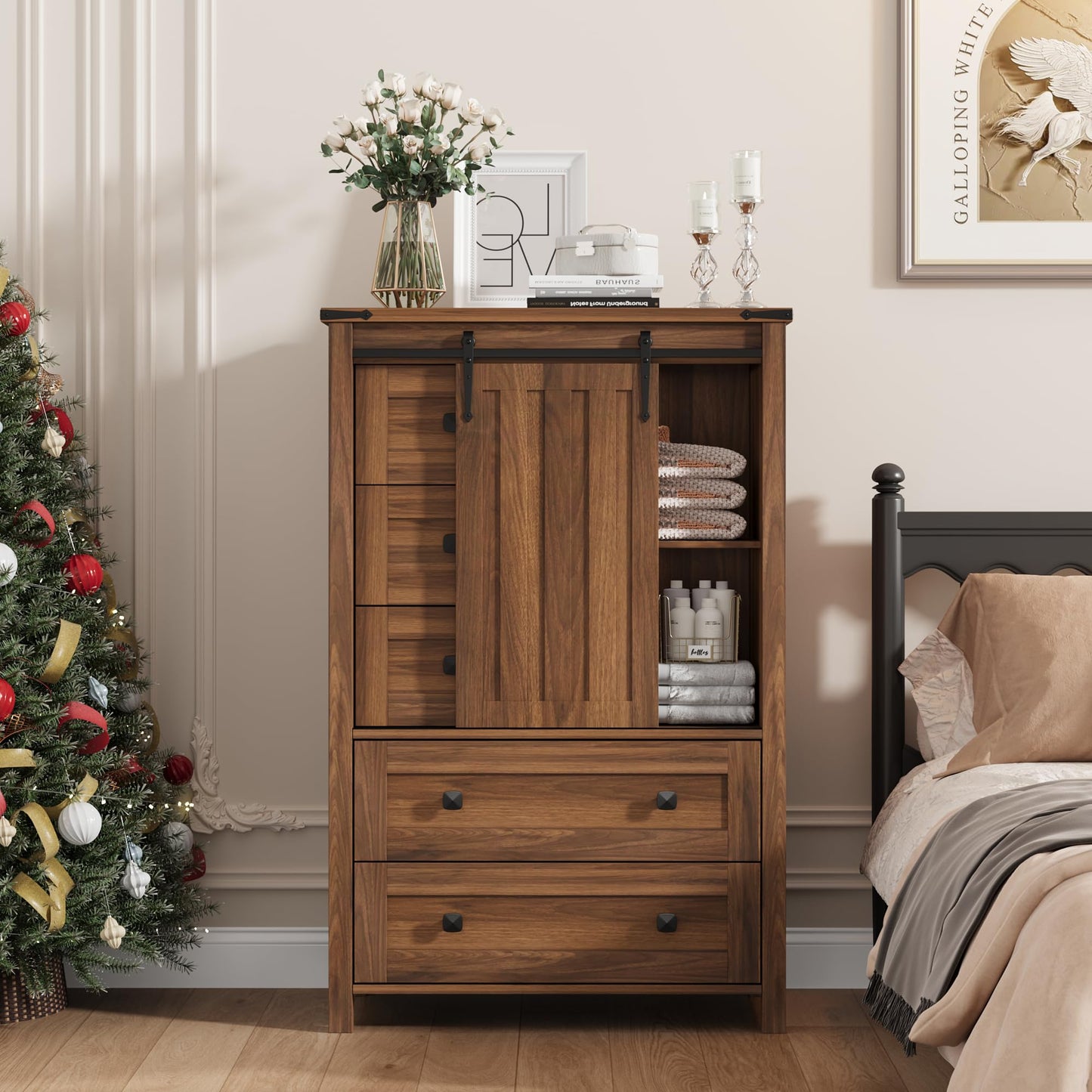 GarveeHome Farmhouse 5 Drawer Dresser for Bedroom, 48" Tall Wood Dressers Chest of Drawer with Sliding Barn Door, Adjustable Shelf, Storage Organizer for Bedroom, Hallway, Living Room, Kitchen, Walnut