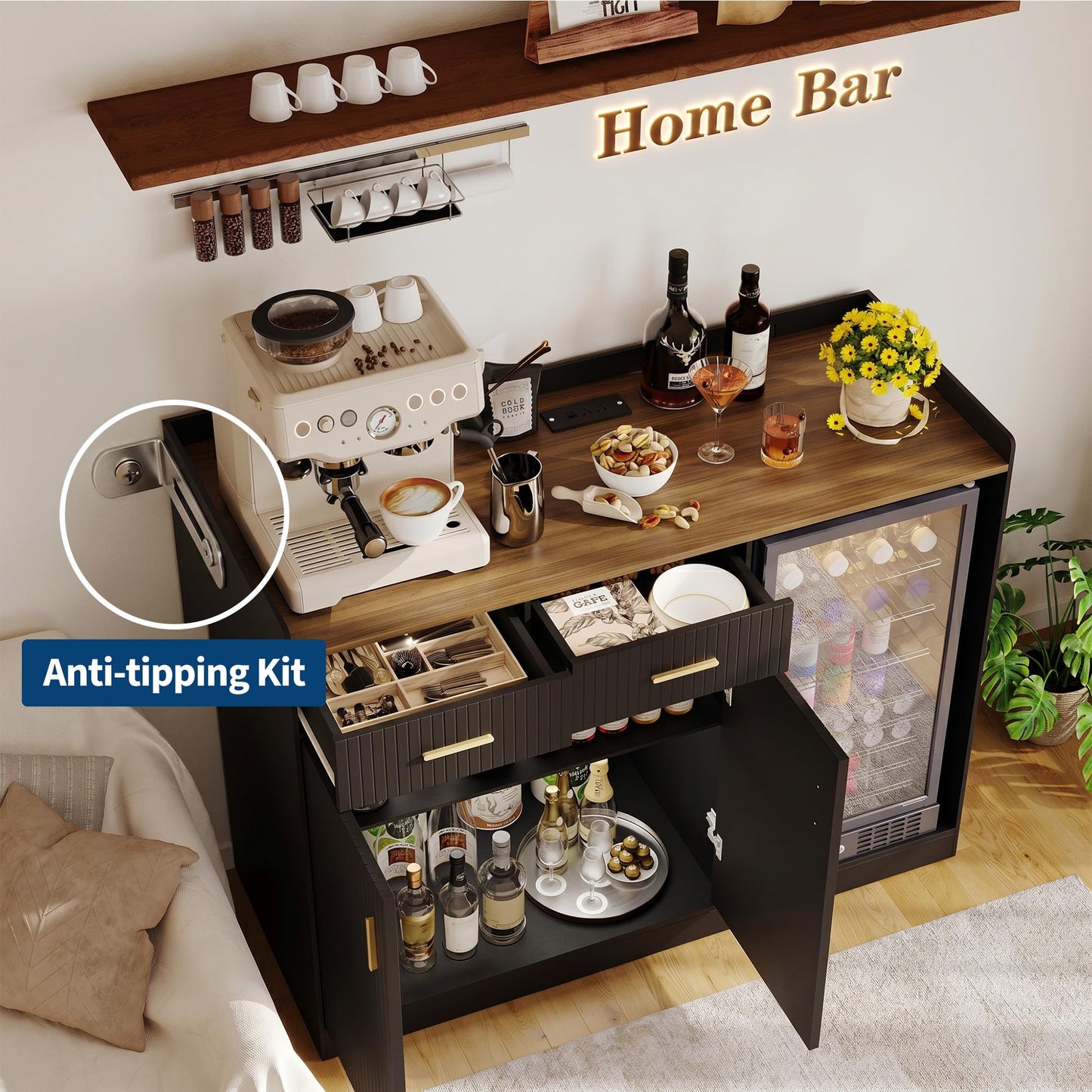Garvee Coffee Bar Cabinet with Fridge Space, Fluted Wine Cabinet with Charging Station, Mini Fridge Cabinet with Drawers and Adjustable Shelf, Home Bar for Dining Room, Kitchen, Living Room, Black