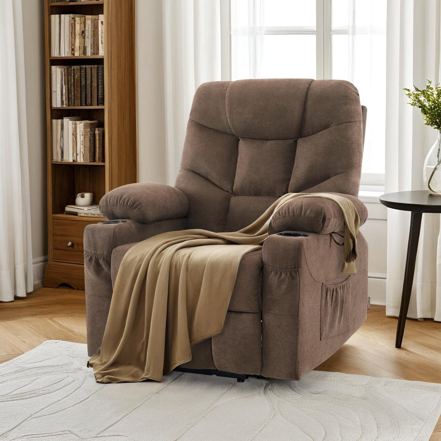 MCombo Power Lift Recliner Chair with Extended Footrest for Elderly People, Fabric 7287 (Brown, Medium)