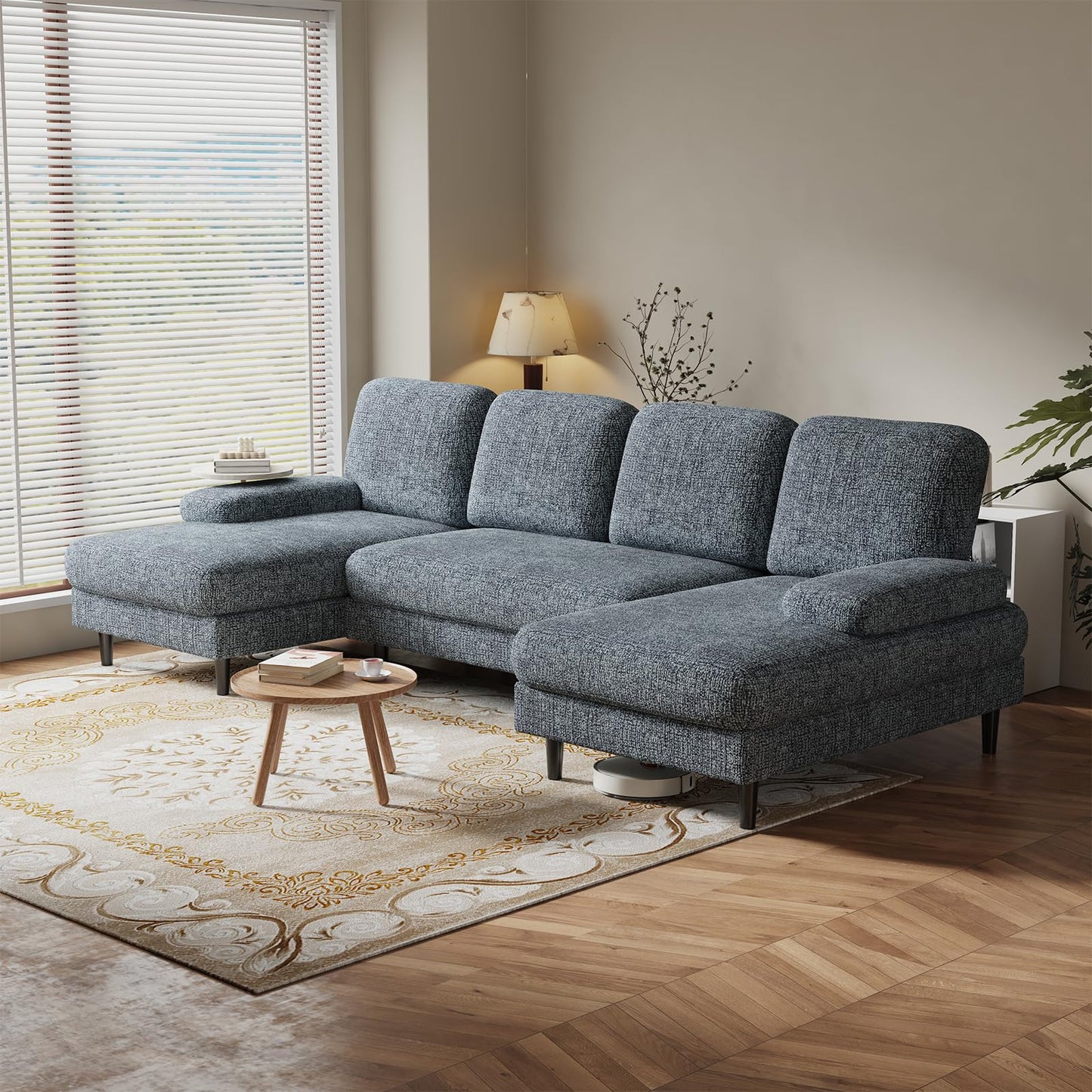 DUMOS Sectional Couches for Living Room, U Shaped Couch with Double Chaise Lounge, Modern Chenille Fabric 4-Seat Couch with Removable Pillows for Apartment/Small Space, Dark Grey
