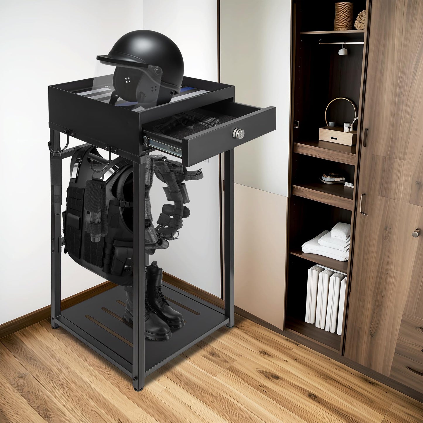 Neoaider Police Gear Stand with Gun Storage 42" x 18" x 18”, Police Hanger with 5 Hooks, Tactical Duty Gear Rack Decor with Thin Blue Line Flag, Black Body Armor Stand for Police Gift