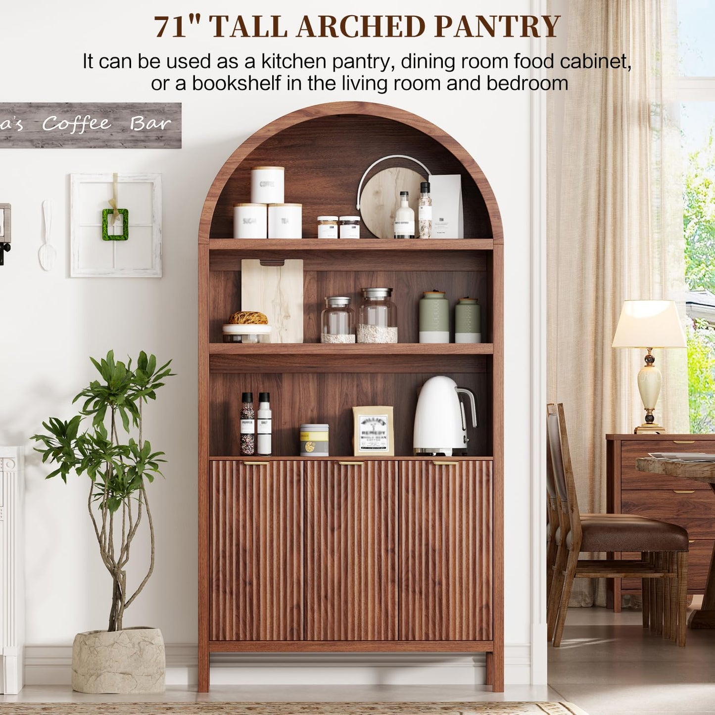 Ieejdn 71" Tall Arched Kitchen Pantry,Modern Fluted Wood Storage Cabinet with Doors,Adjustable Shelves,Organizer, Versatile Cupboard for Kitchen,Living Room,Dining Room,Bathroom,Walnut
