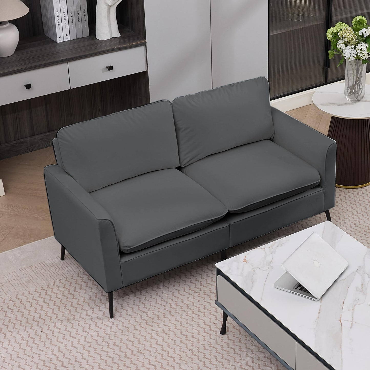 KEIKI Faux Leather Loveseat, Mid Century Modern Comfy Sofa Couch, Mini Deep Seat 2-Seater Settee Loveseat Couches for Office Living Room Bedroom Apartment Dorm Small Space, Gray