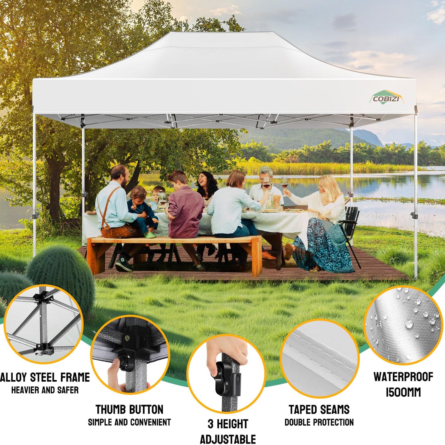 COBIZI 10x15 Pop up Canopy Tent Heavy Duty, Easy Set-up Commercial Outdoor Party Tent, 100% Waterproof Wedding Tents Gazebo, 3 Height Adjustable with Handbag, White