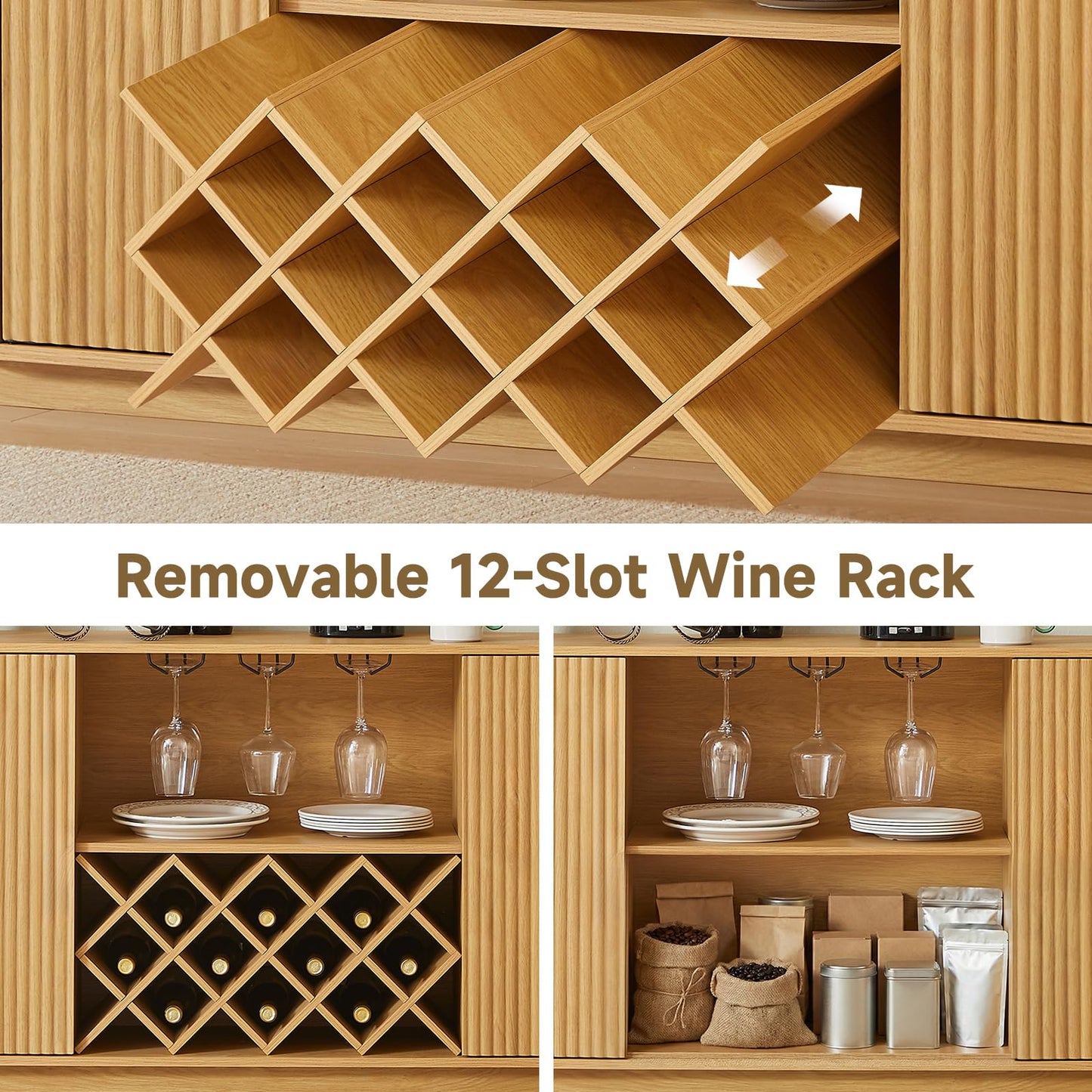 Yafylly Fluted Wine Bar Cabinet, Wooden Buffet Sideboard with Wine Rack & Glass Holder, Farmhouse Coffee Bar Cabinet with Storage, Liquor Cabinet for Kitchen Dining Room Living Room (Natural Wood)