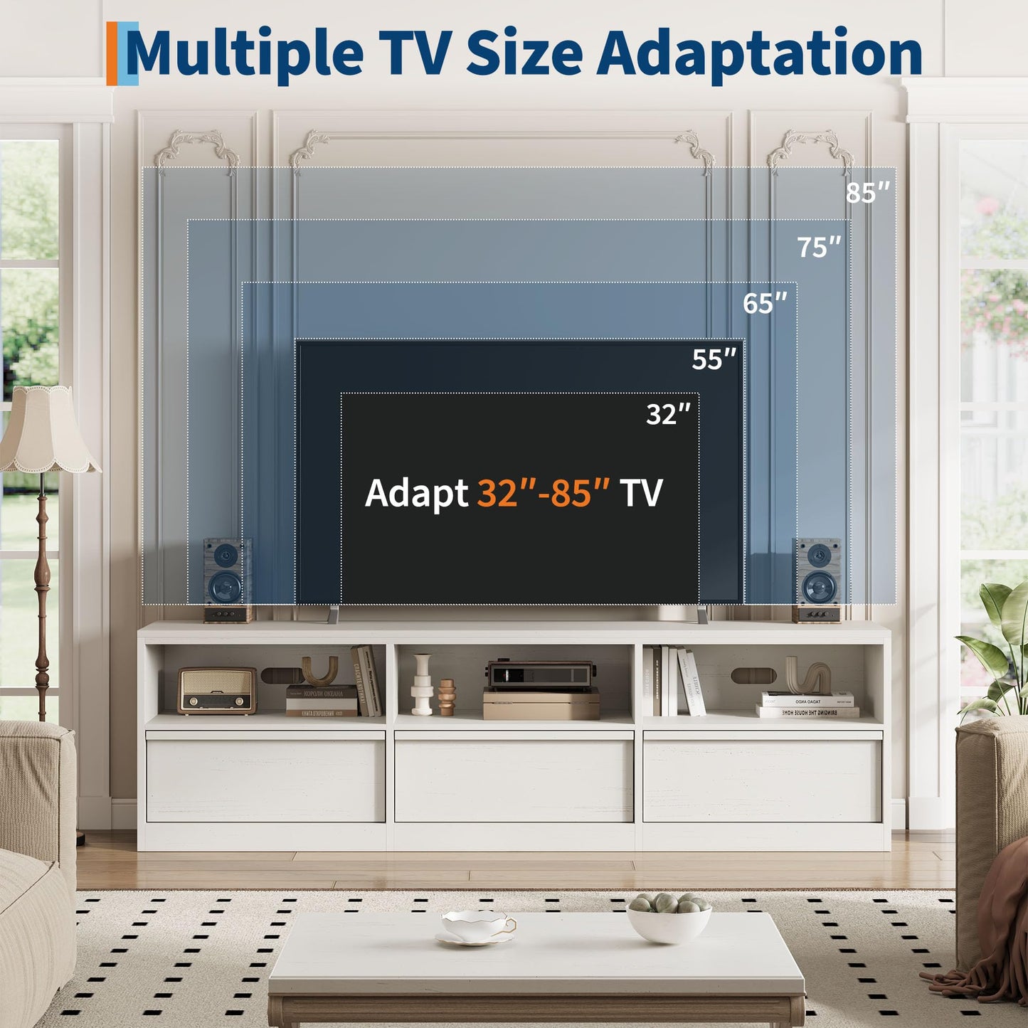 Modern TV Stand with Storage for TVs Up to 85", 70 inch Media Console with Drawer & Open Shelves, Mid Century Entertainment Center for Living Room, White