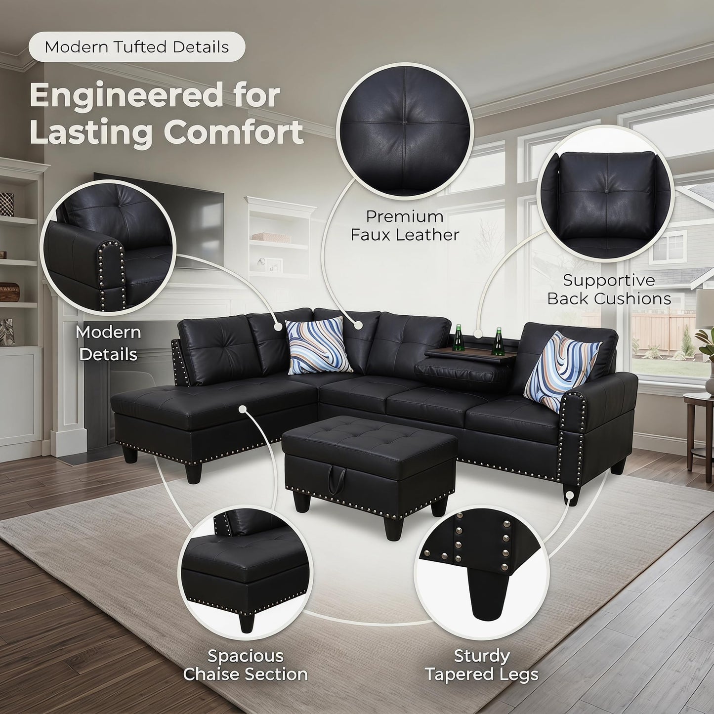 Trygoal 97.5" L-Shaped Modular Sectional Sofa with Movable Chaise & Storage Ottoman, 3 Piece Convertible Leather Couch, 4 Seat Gloss Black Living Room Furniture Set for Apartment Home Office