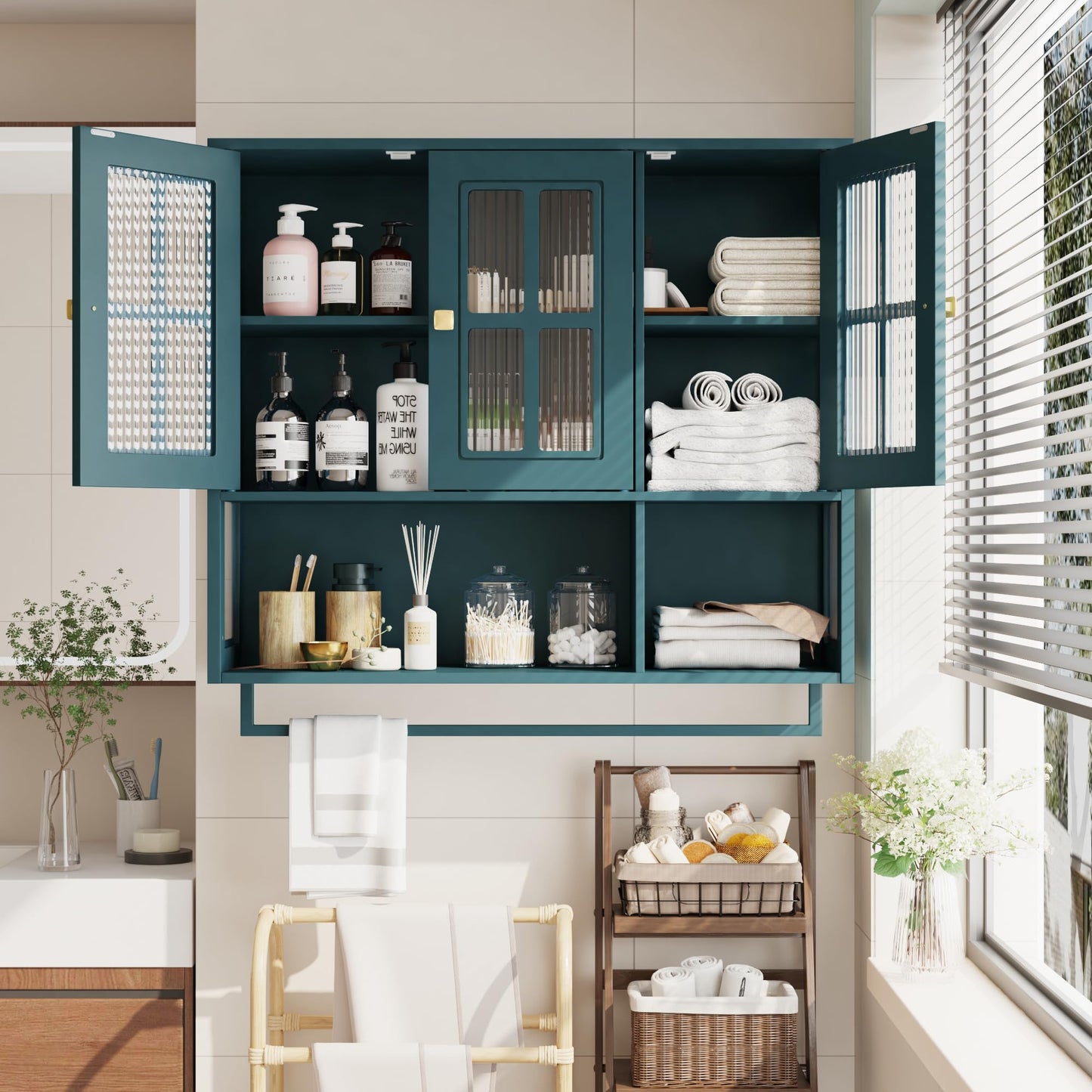 GDFStudio 34.65" Modern Wall Mounted Bathroom Cabinet with Glass Doors, Medicine Cabinet Organizer with Hidden Storage, Open Shelf & Towel Bar, Storage Cabinet for Bathroom Living Room, Dark Green