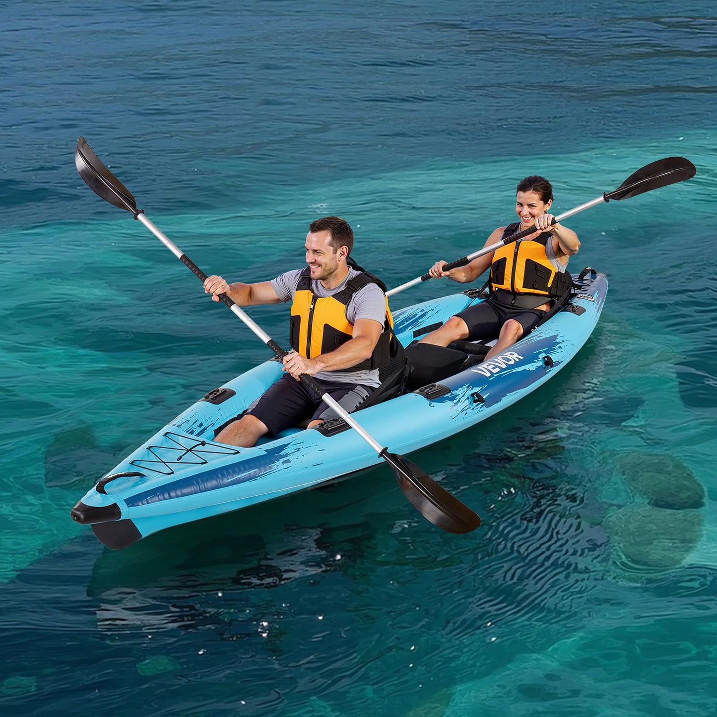 VEVOR 2-Person Inflatable Kayak, 14'4" x 3'7" – Extra Spacious for Family & Dogs, 700-lb Capacity Sit-in Kayak with Accessories, Includes 2 Paddles, Pump & Carry Bag – Perfect for Fishing and Touring