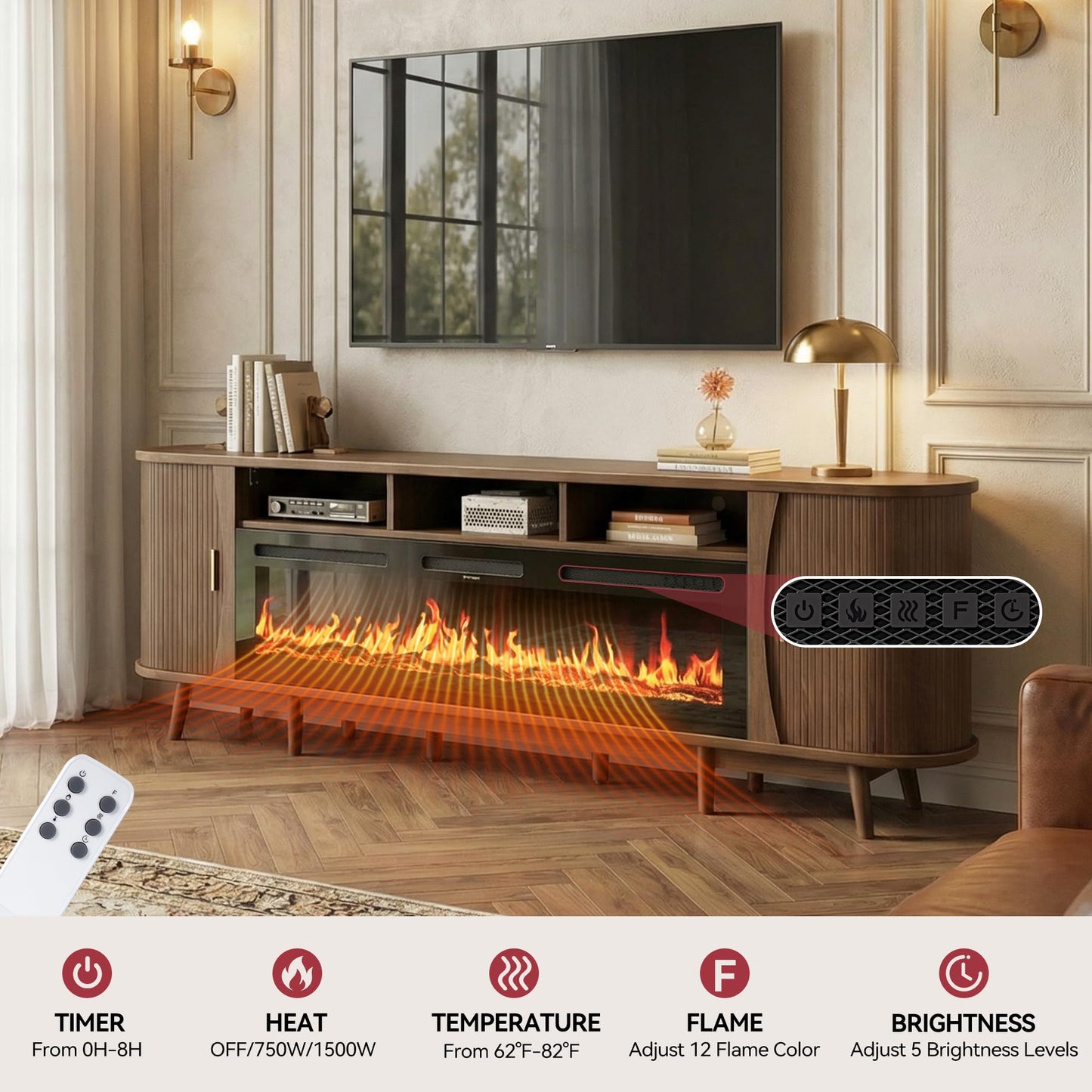 MXV 97" TV Stand with 60" Electric Fireplace, Mid Century Modern Fireplace TV Stand with Sliding Doors & Adjustable Shelves, Large TV Console for Living Room, Walnut