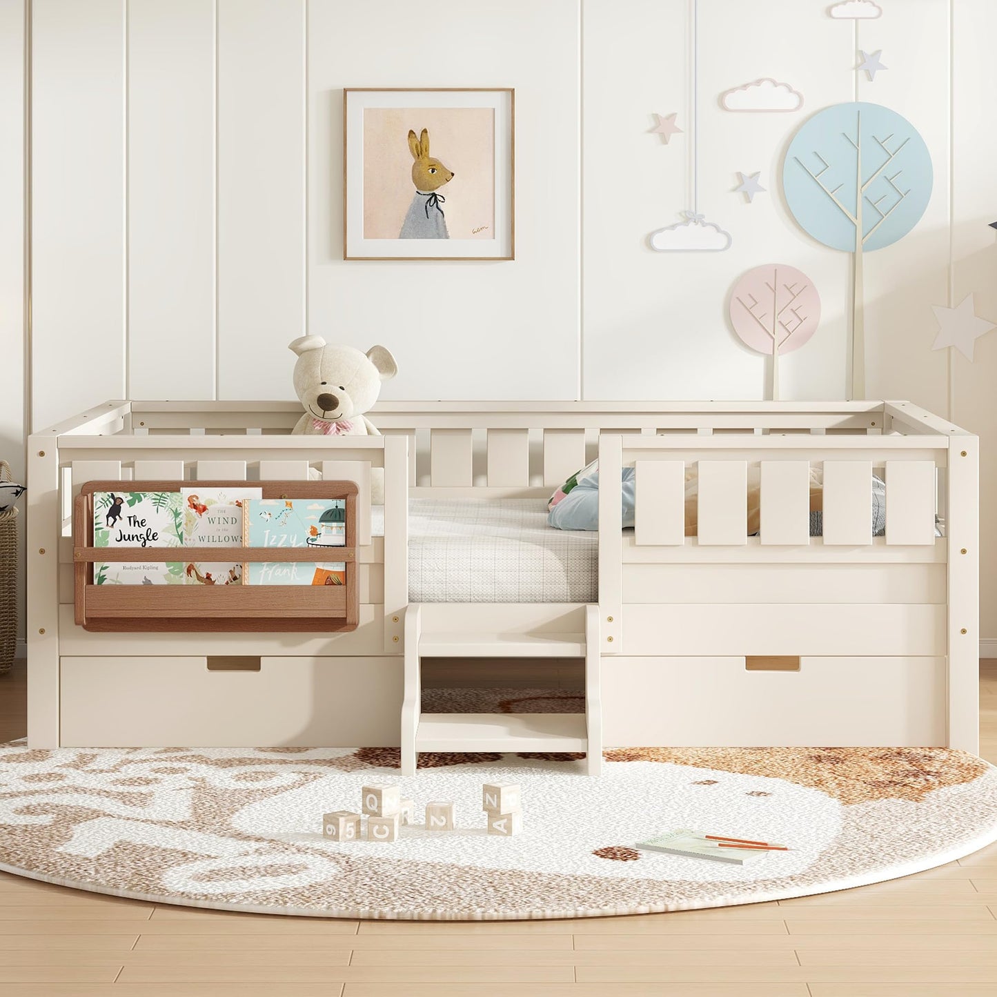 Bellemave Twin Bed with Slats and Stairs, Twin Size Platform Bed Frame with Fence, Bookshelf and Storage Drawers, Easy Assemble Beds for Kids, Girls, Boys, Beige