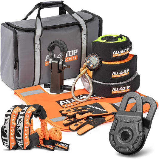 ALL-TOP Recovery Pack Extreme 11in1: Water-Resist Offroad Gear Bag with Recovery Strap Kit(3), Damper, 2 Soft Shackles, SK Hitch Mount, Forged Pulley, Deflator & Gloves