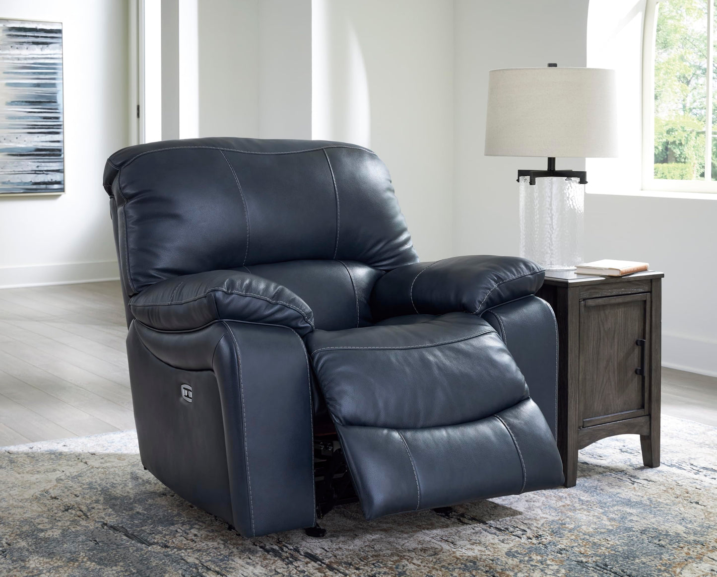 Signature Design By Ashley Leesworth Modern Power Rocker Recliner, USB Port, Gentle Rocking, Top Grain Leather and Matched Leather, 41" W x 41" D x 41" H, Blue
