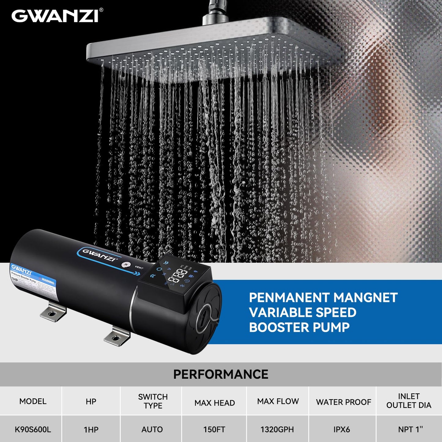 1HP Whole House Water Pressure Booster Pump 90PSI 115V Automatic Variable Speed Penmanent Mangnet Motor Constant Pressure Wireless App Control Compact Design for Home House Villa Apartmen